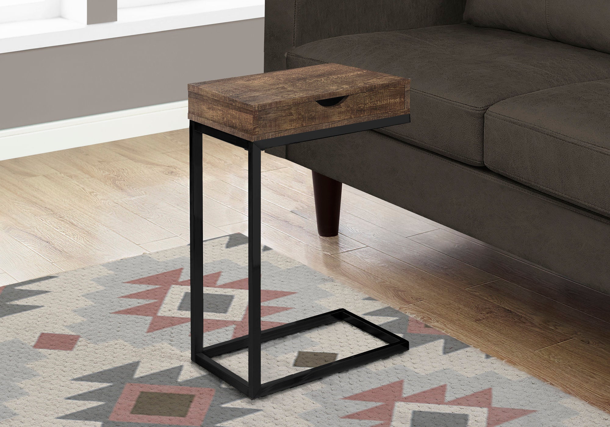Image of accent table - brown reclaimed wood-look black drawer  i 3406.