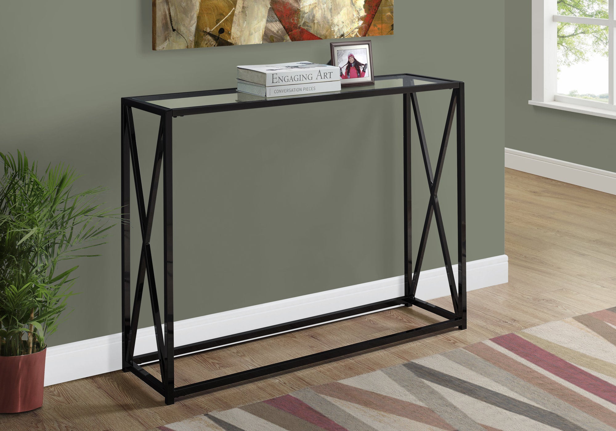 accent table 42l black nickel metal tempered glass i3449