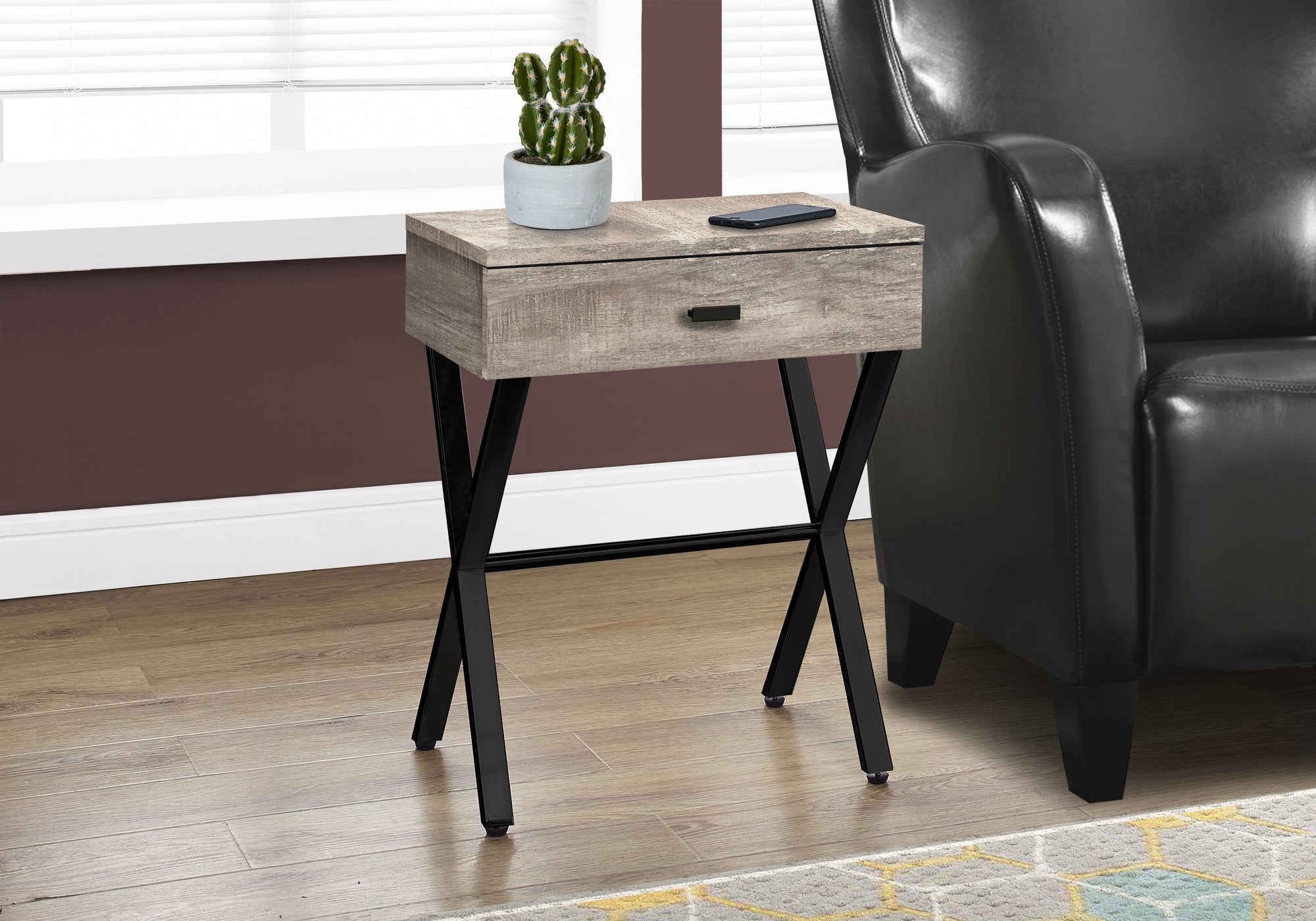 accent table 24h taupe reclaimed wood black metal i3452
