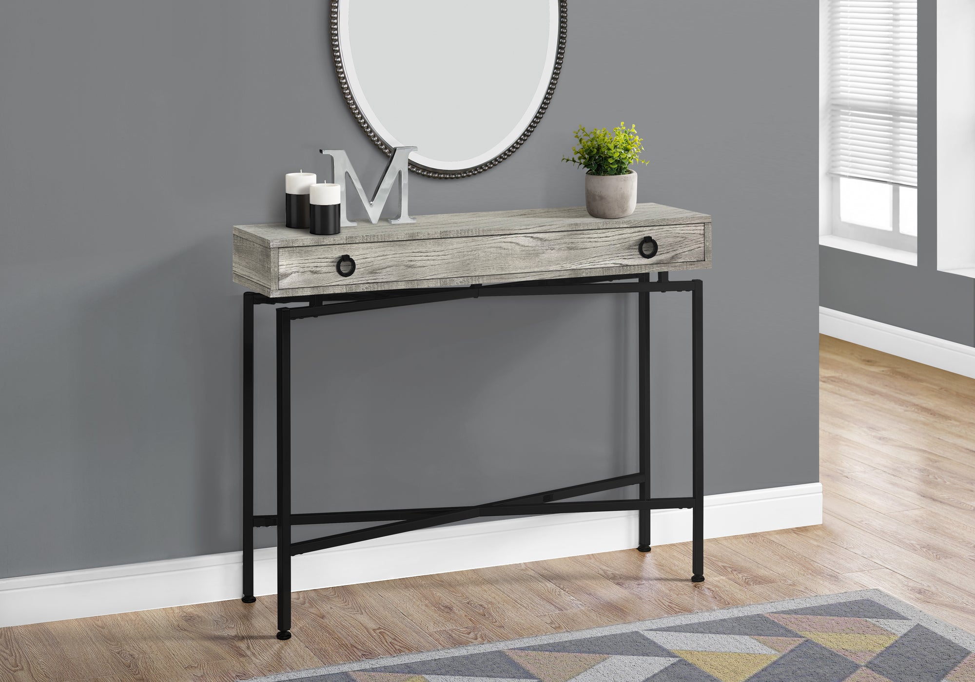 Image of accent table - 42inch l grey reclaimed wood black console  i 3454.