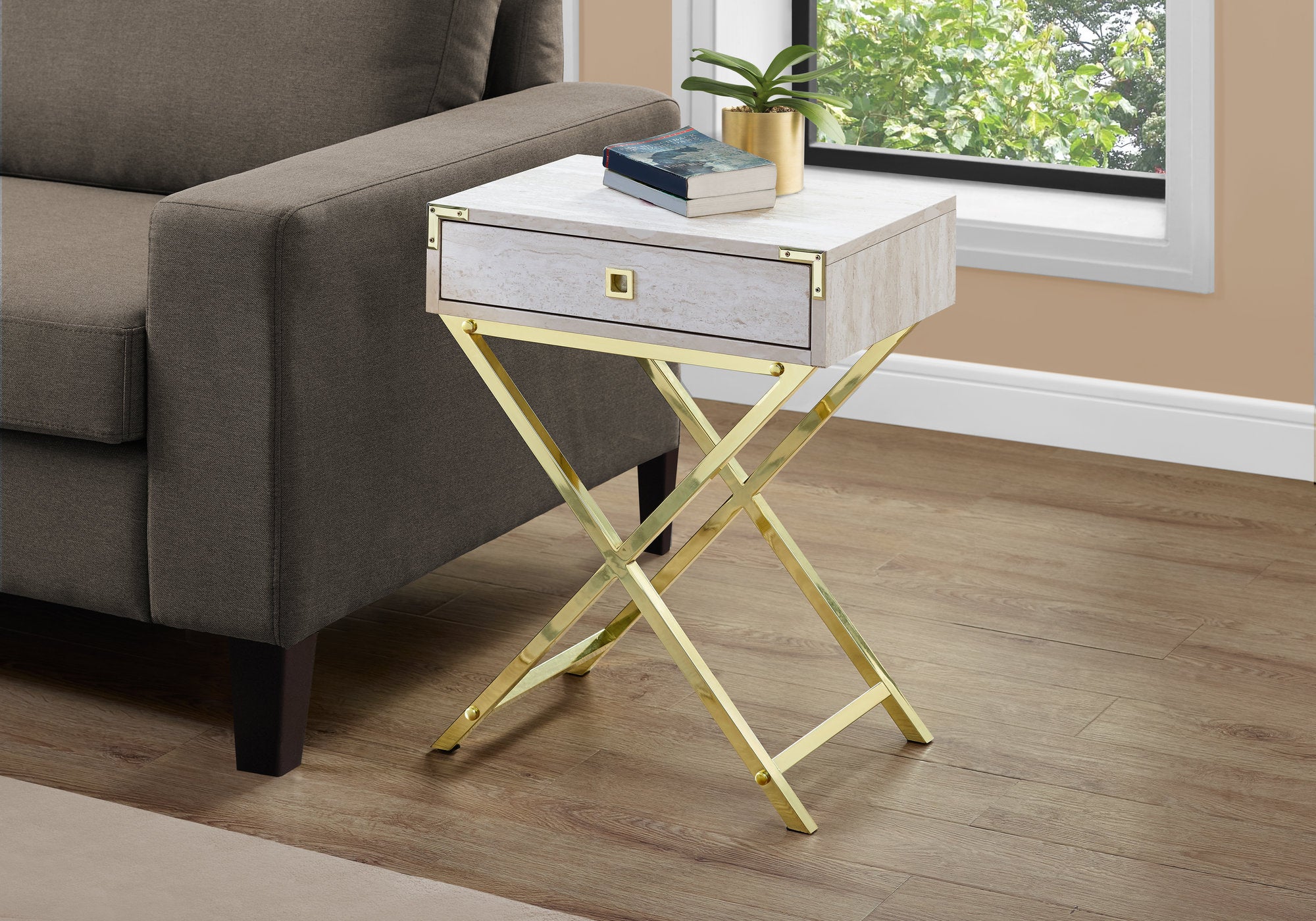 Image of accent table - 24inch h beige marble gold metal i 3553.
