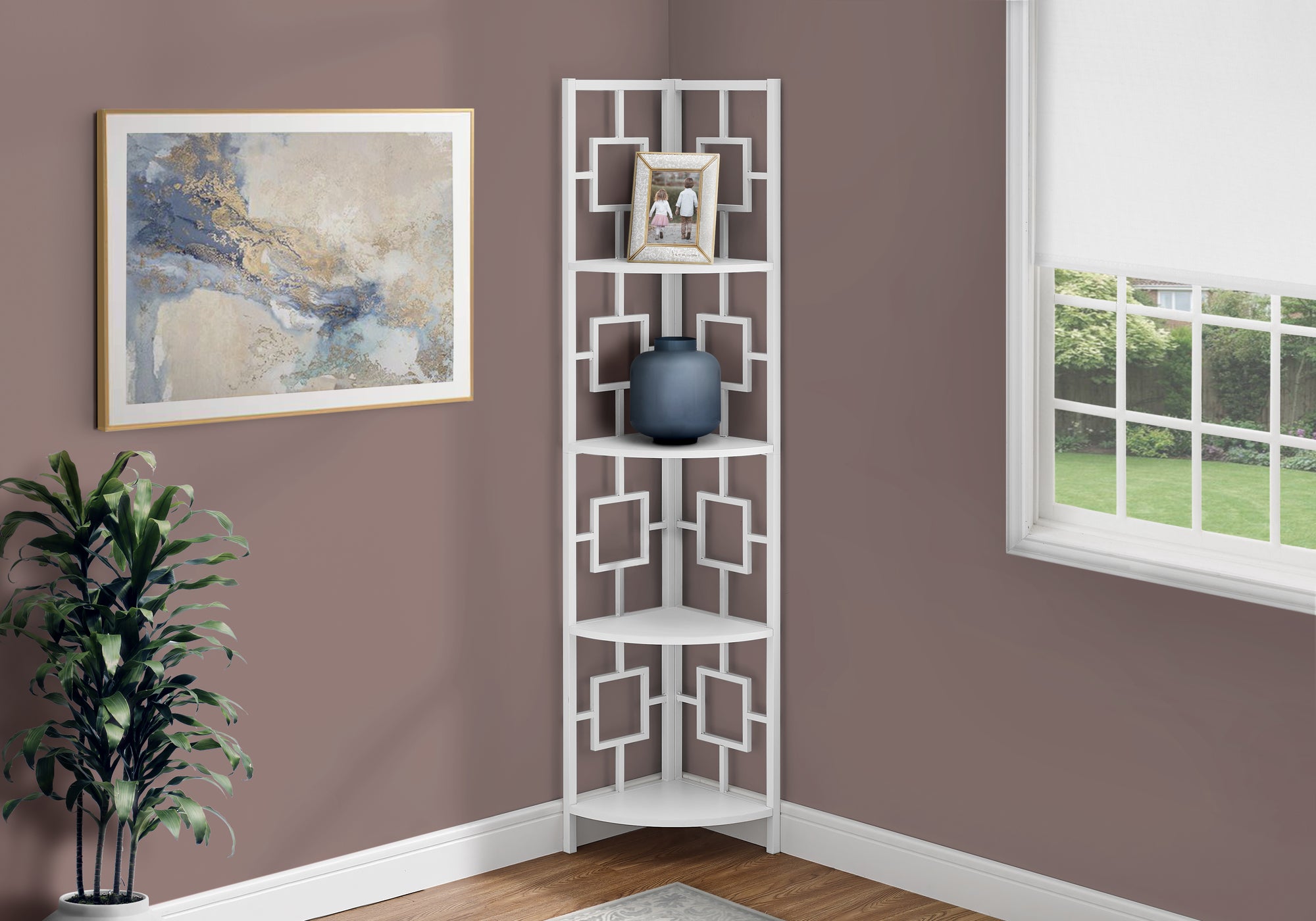 Image of bookcase - 62inch h white white metal corner etagere i 3613.
