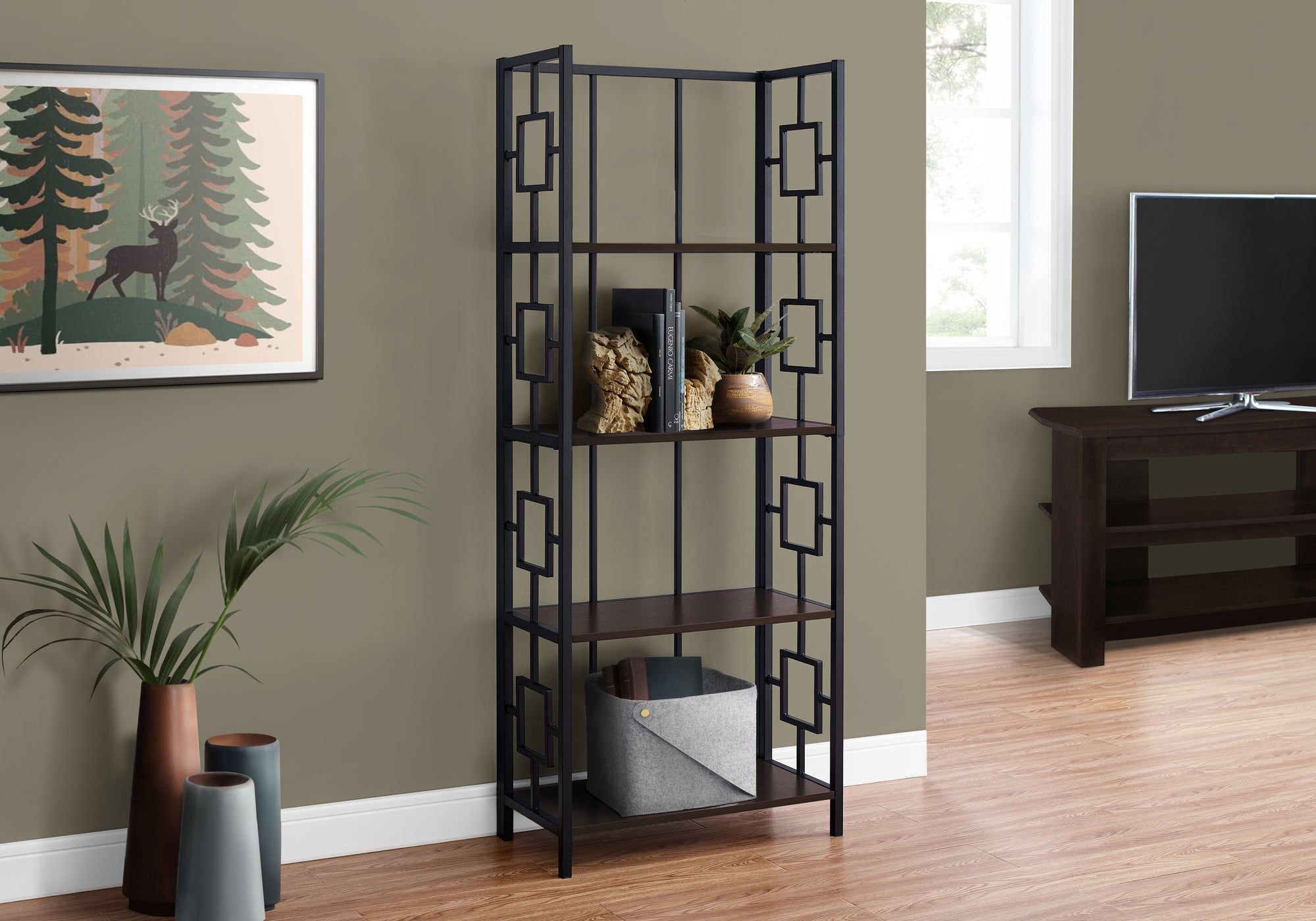 Image of bookcase - 62inch h espresso black metal etagere i 3617.