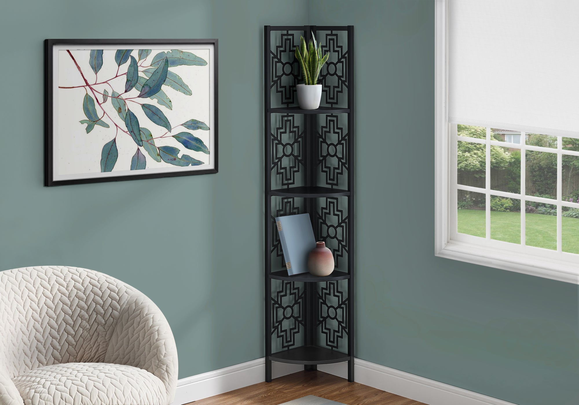 Image of bookcase - 62inch h black black metal corner etagere i 3620.