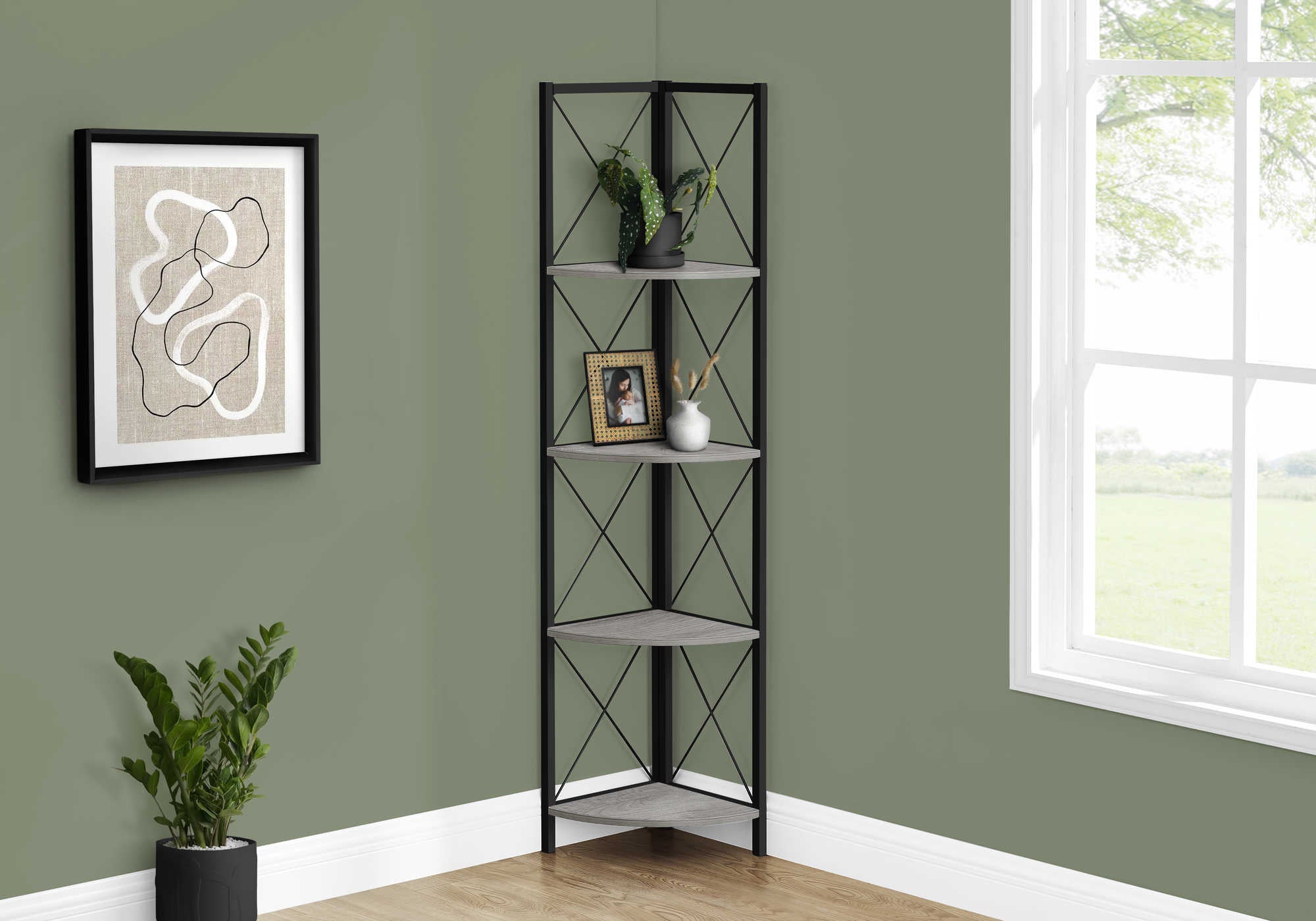 Image of bookcase - 60h grey black metal corner etagere i 3647.