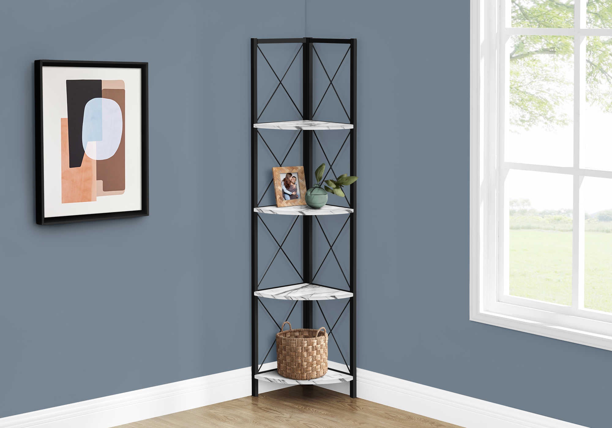 Image of bookcase - 60h white marble black metal corner i 3651.
