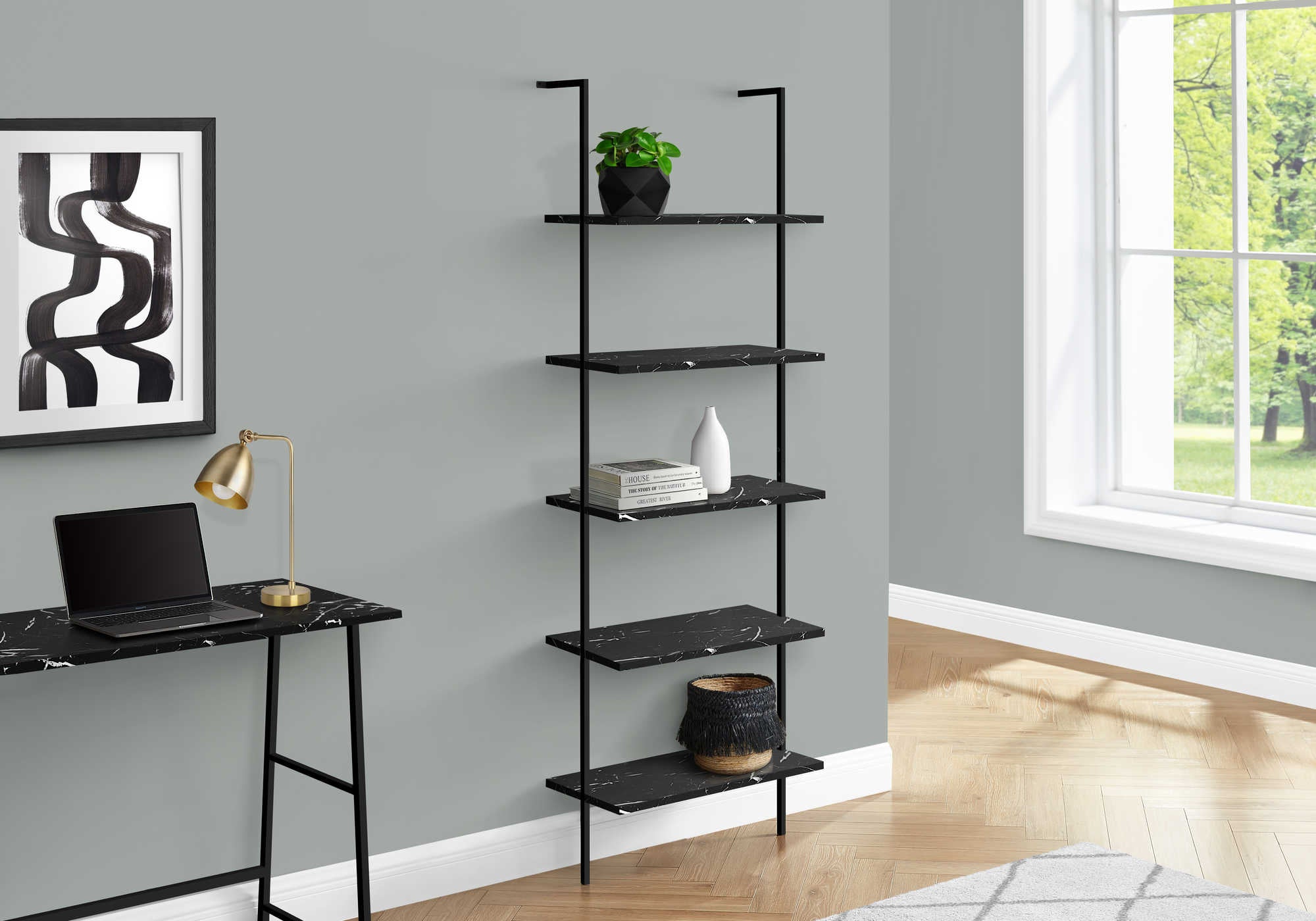 Image of bookcase - 72h ladder black marble black metal i 3684.