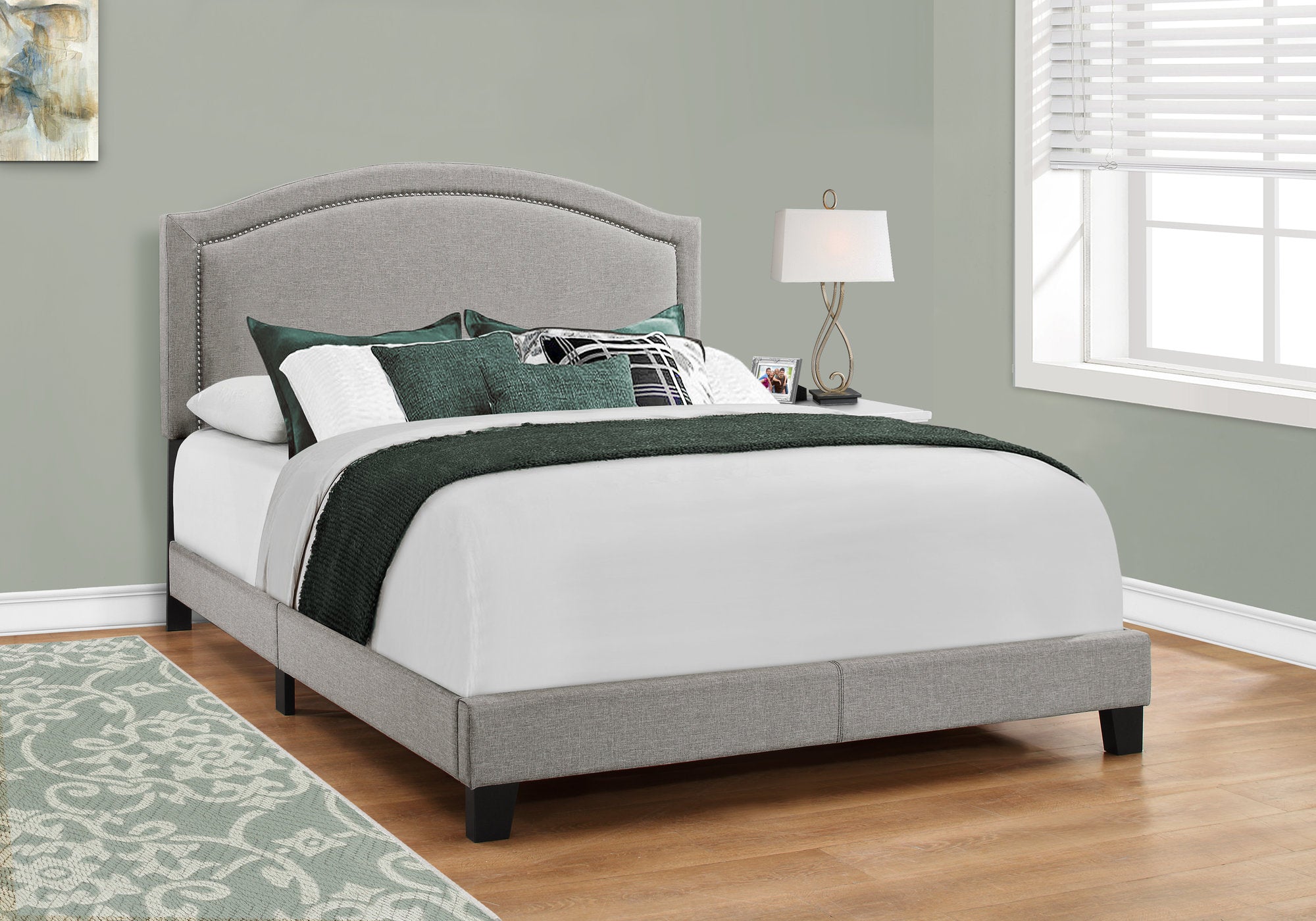 Image of bed - queen grey linen with chrome trim i 5936q.