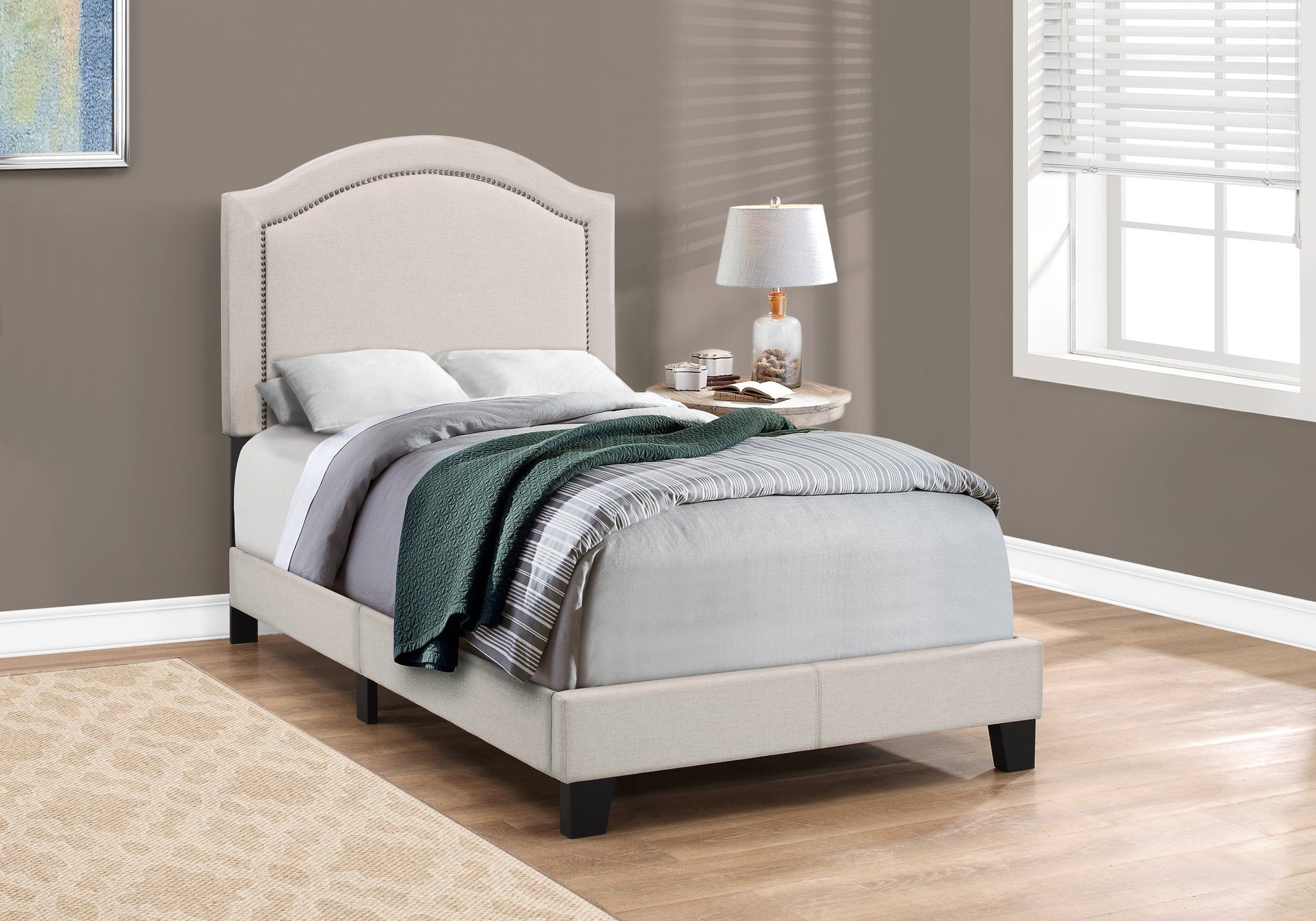 Image of bed - twin beige linen with antique brass trim i 5937t.