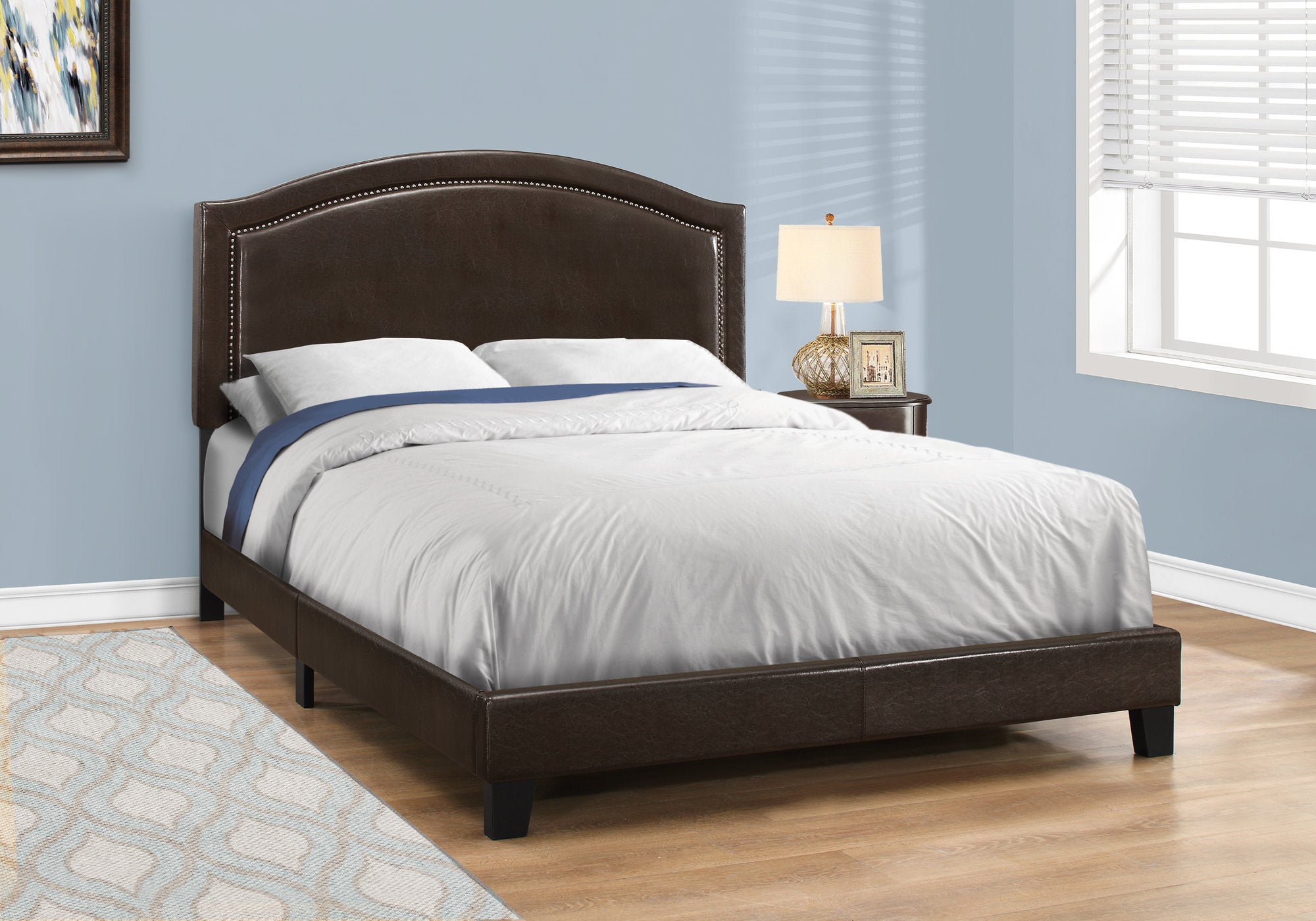 Image of bed - queen brown leather-look with brass trim i 5938q.
