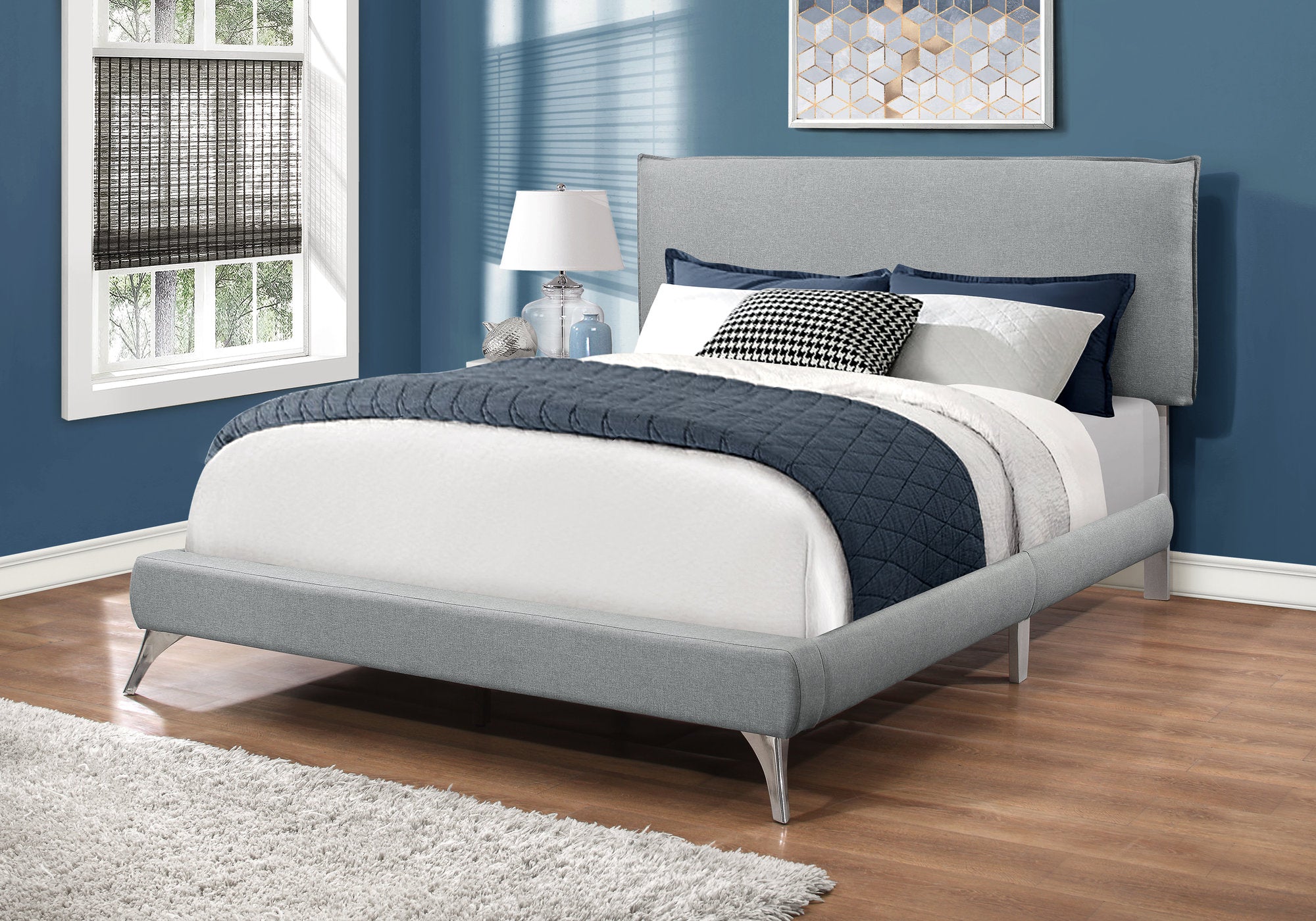Image of bed - queen grey linen with chrome legs i 5950q.