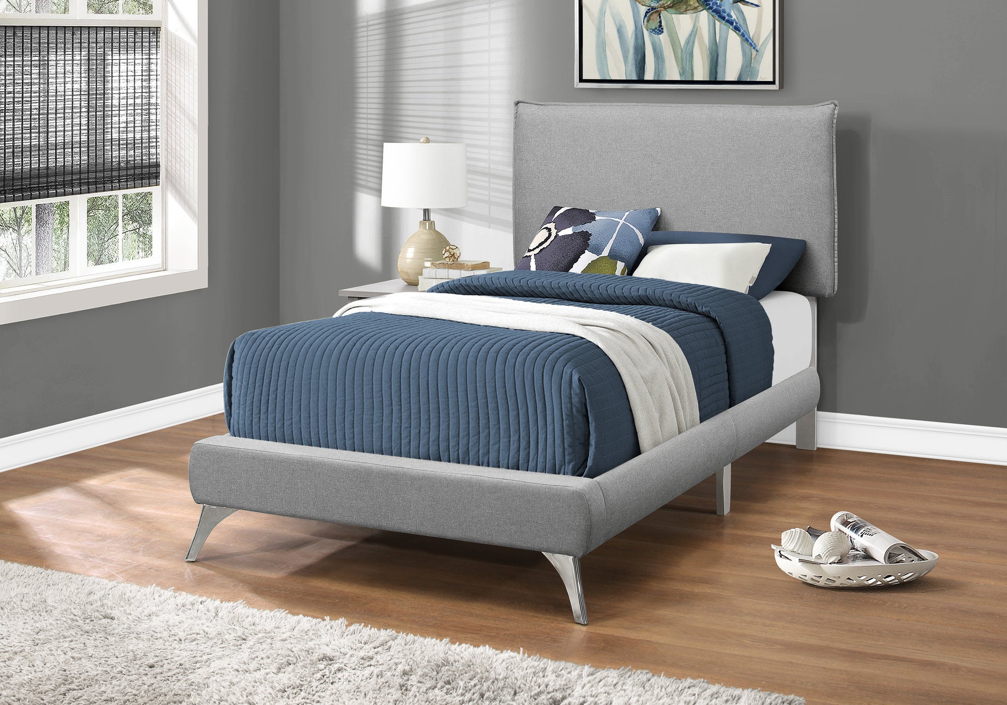 Image of bed - twin grey linen with chrome legs i 5950t.
