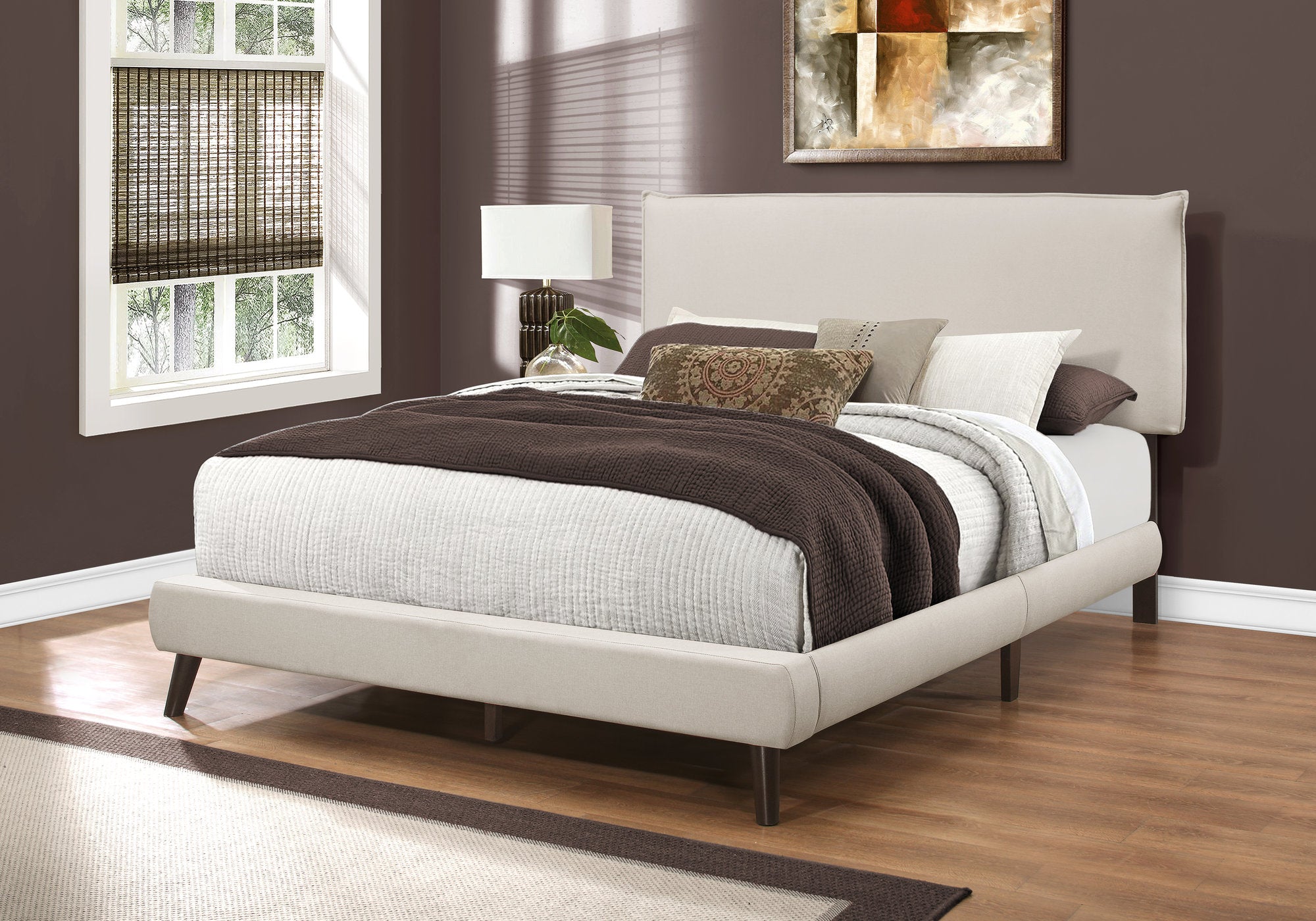 Image of bed - queen beige linen with brown wood legs i 5951q.
