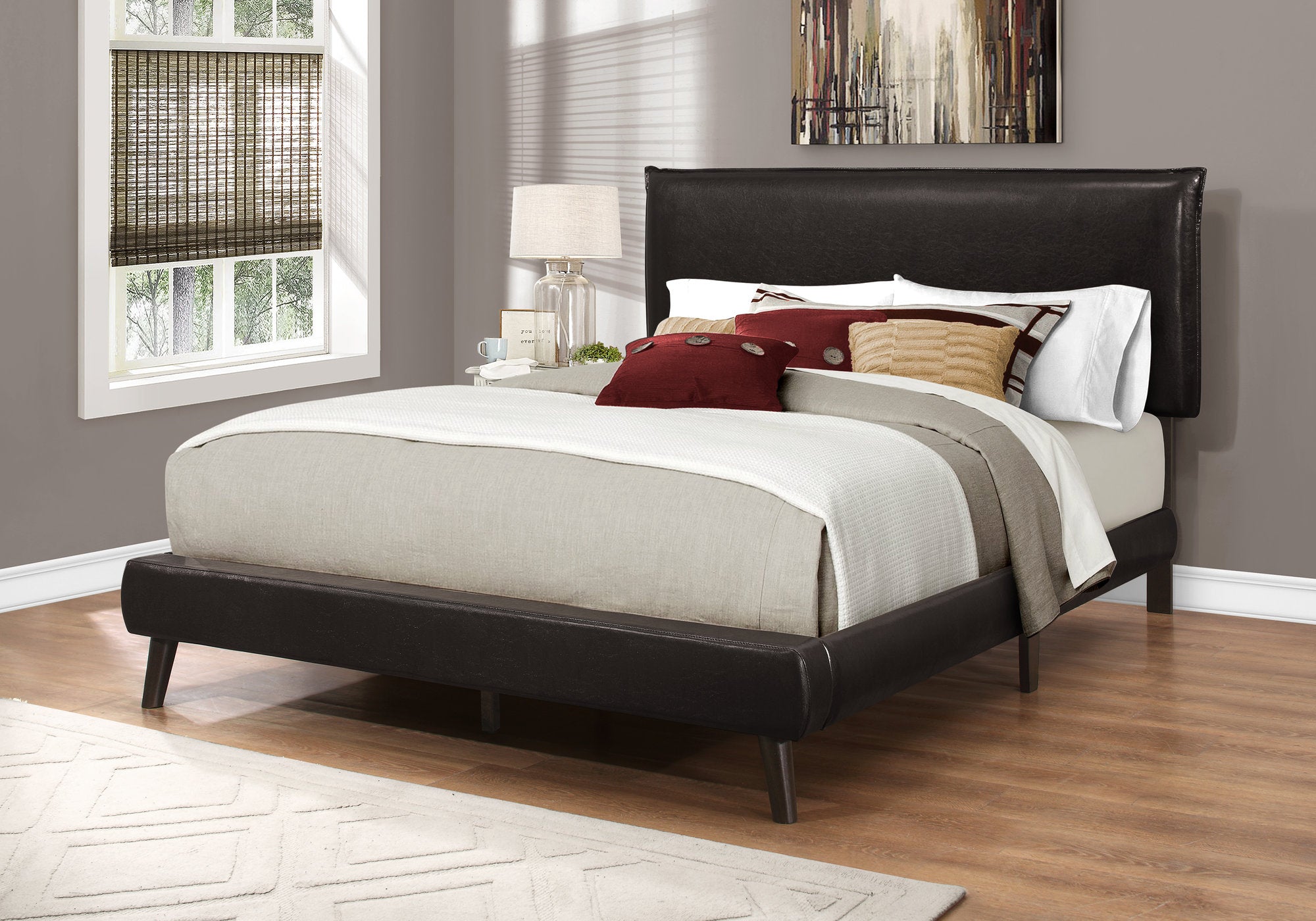 Image of bed - queen brown leather-look with wood legs i 5952q.