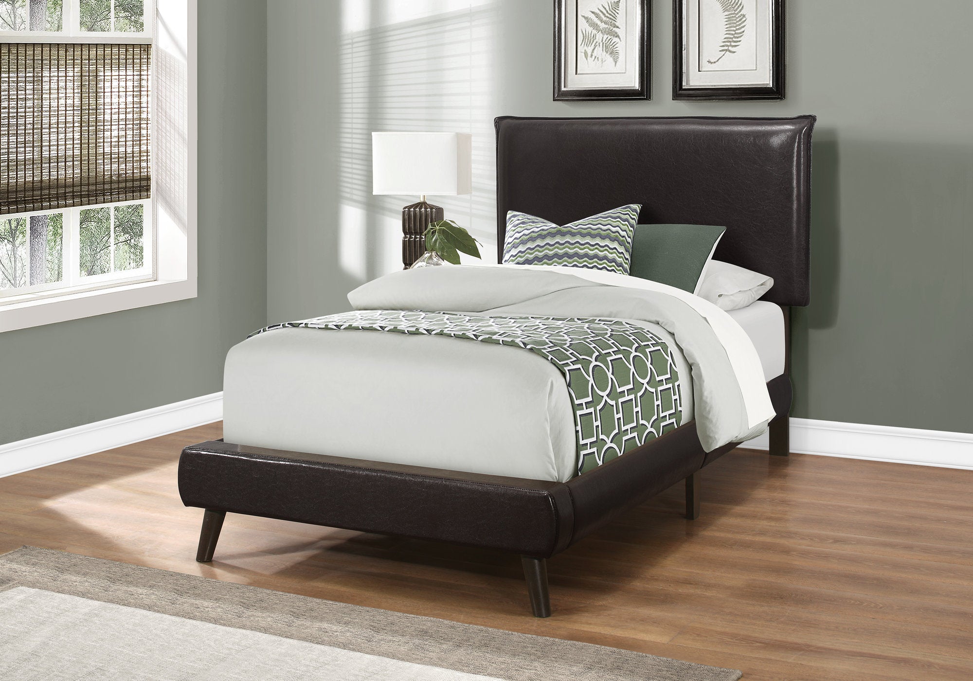 Image of bed - twin brown leather-look with wood legs i 5952t.