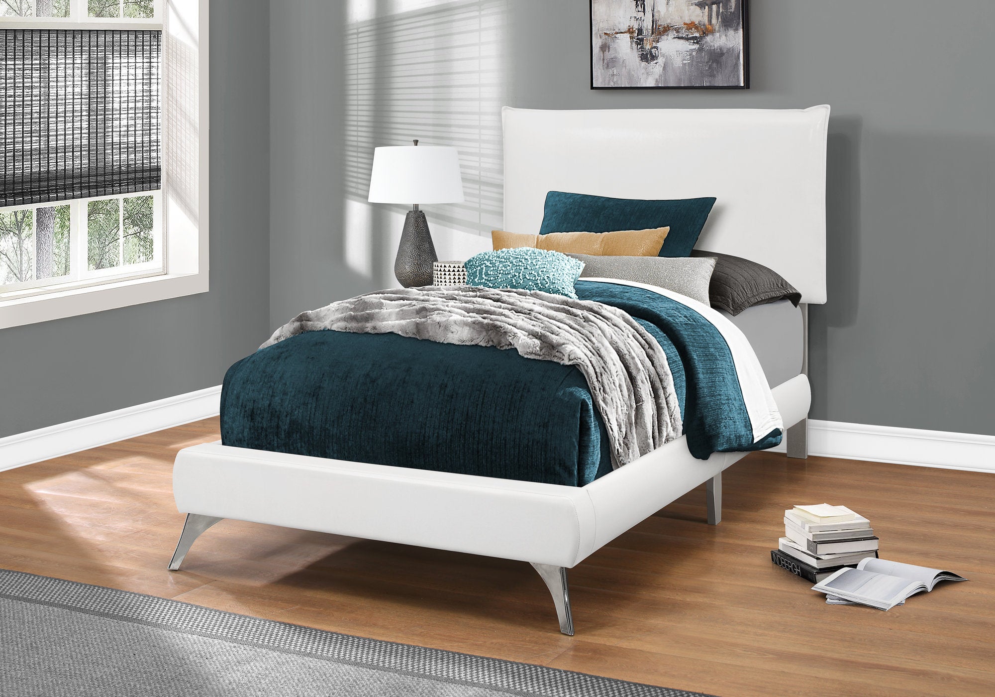 Image of bed - twin white leather-look with chrome legs i 5953t.