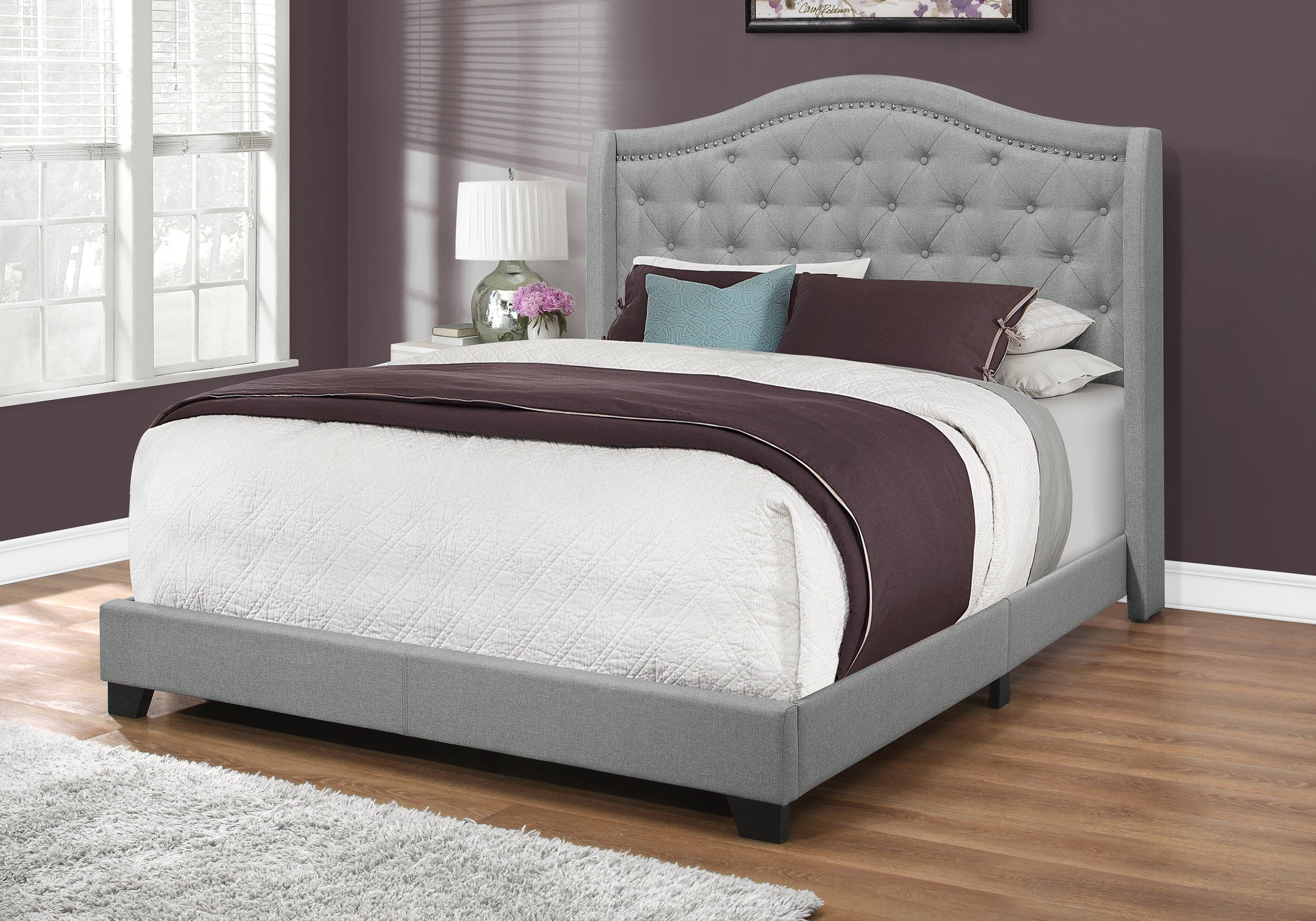 Image of bed - queen grey linen with chrome trim i 5966q.