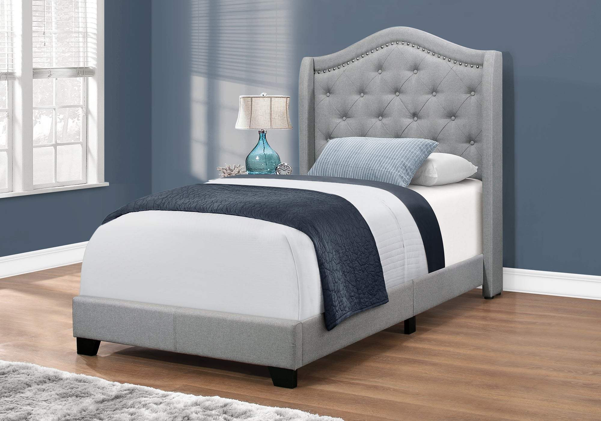 Image of bed - twin grey linen with chrome trim i 5966t.