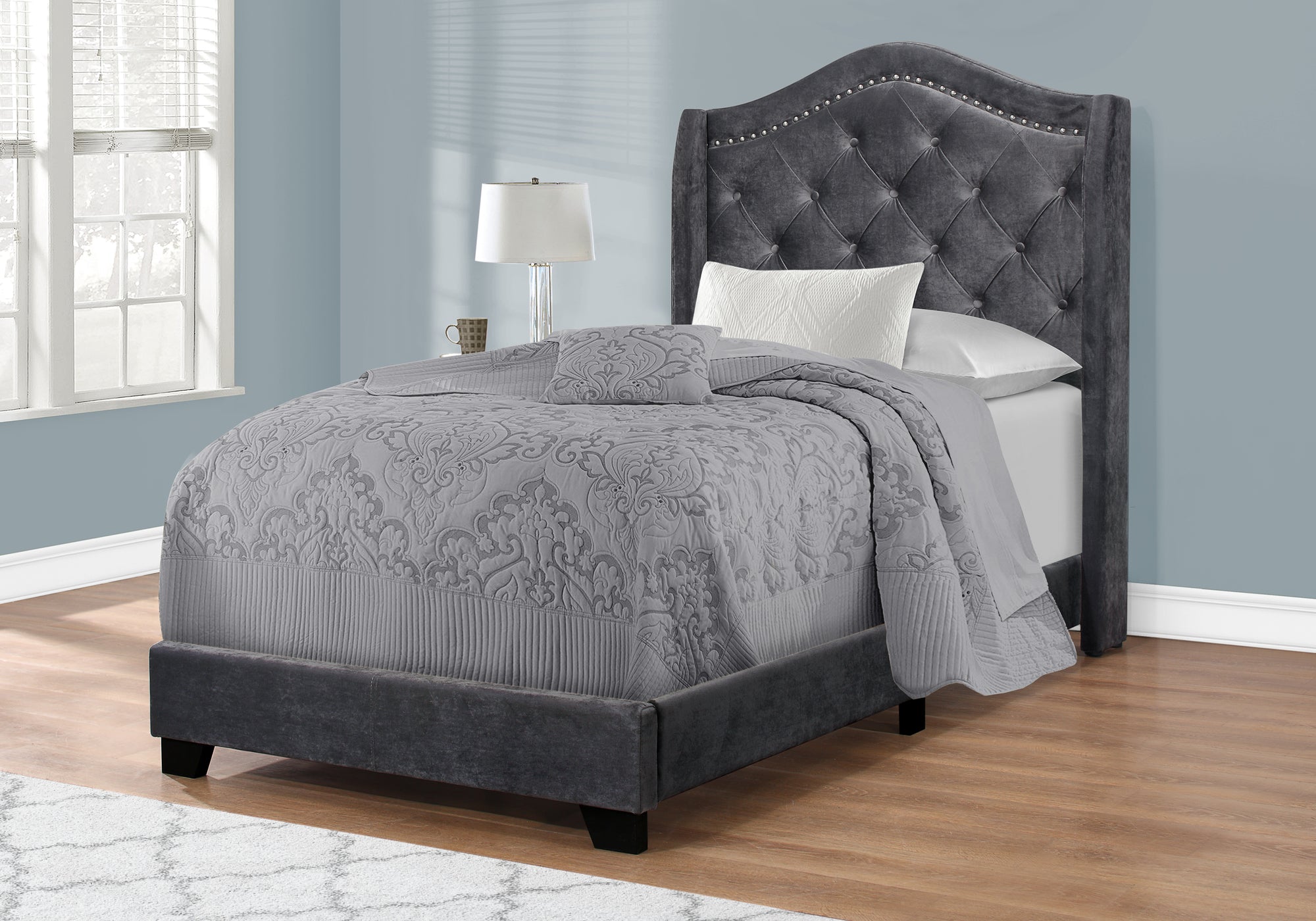 Image of bed - twin dark grey velvet with chrome trim i 5968t.