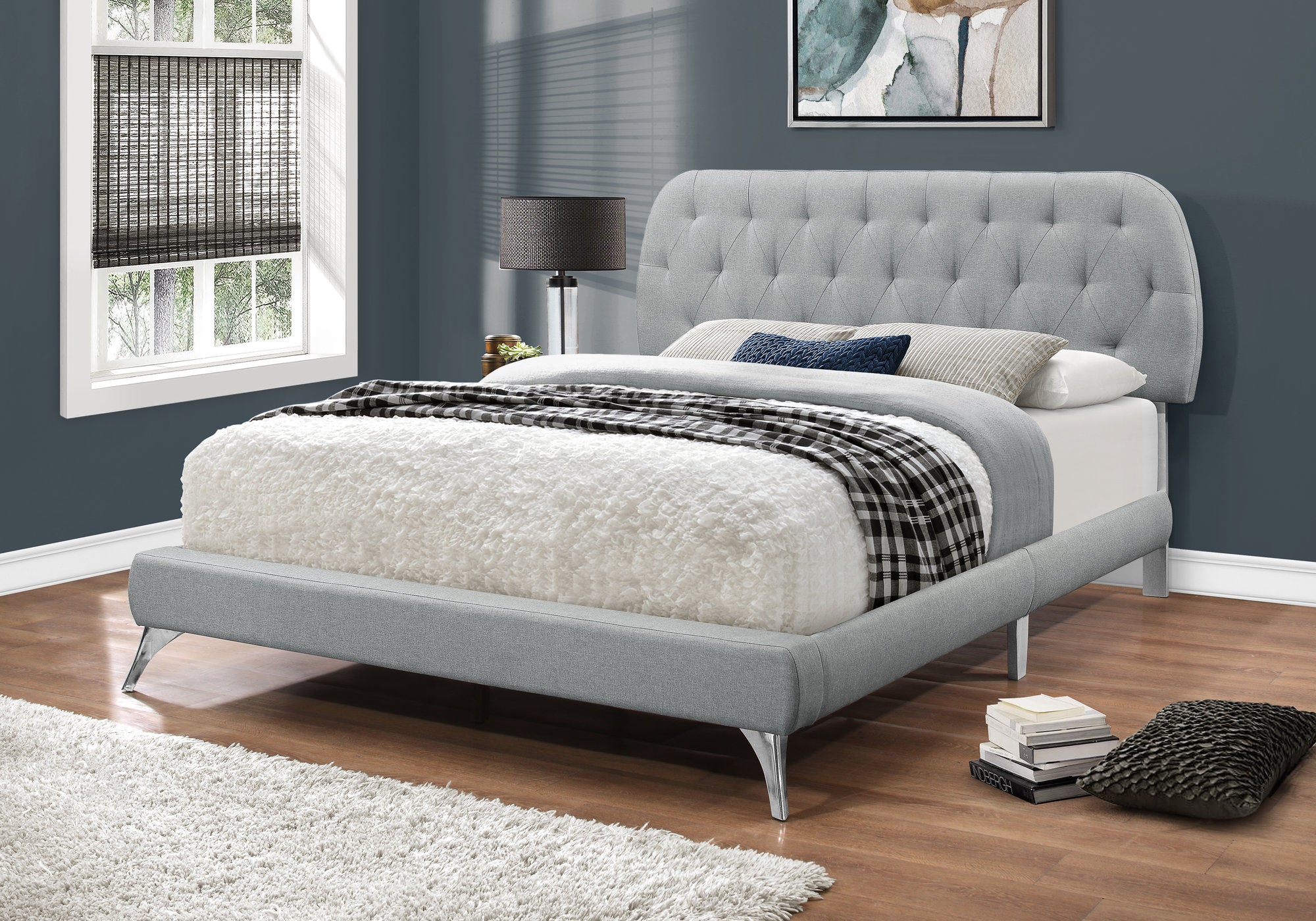 Image of bed - queen grey linen with chrome legs i 5980q.