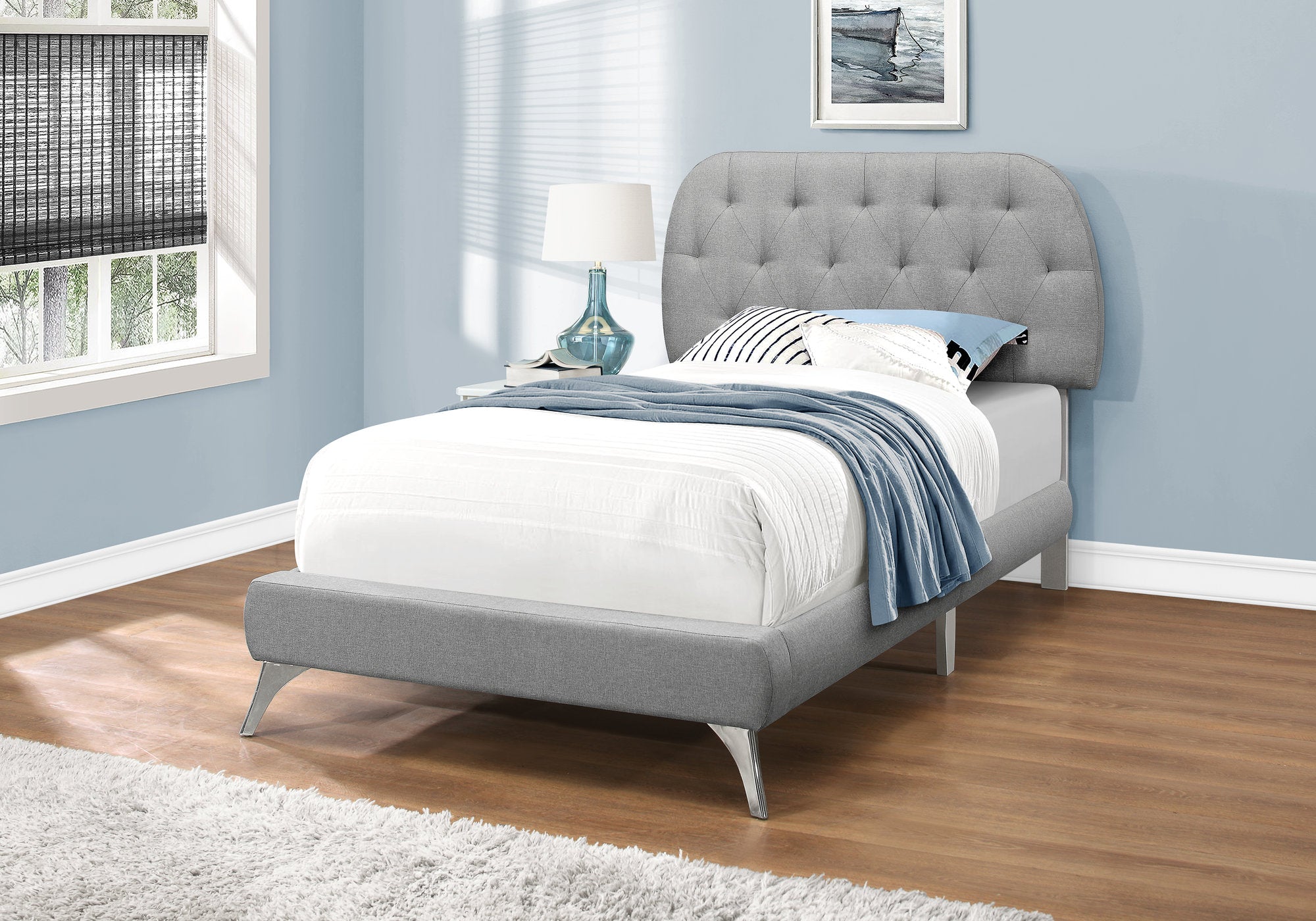 Image of bed - twin grey linen with chrome legs i 5980t.