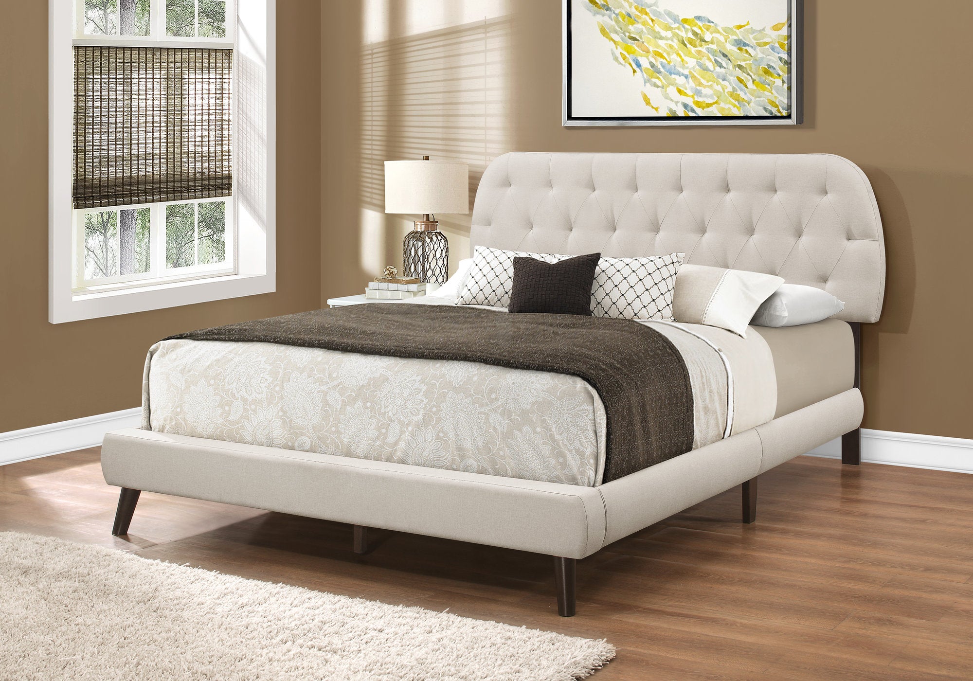 bed queen size beige linen with brown wood legs i5981q