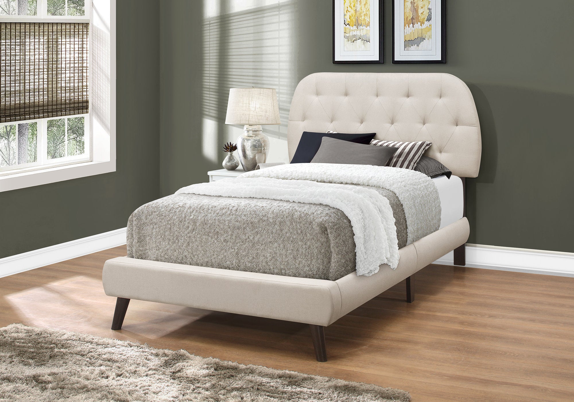Image of bed - twin beige linen with brown wood legs i 5981t.