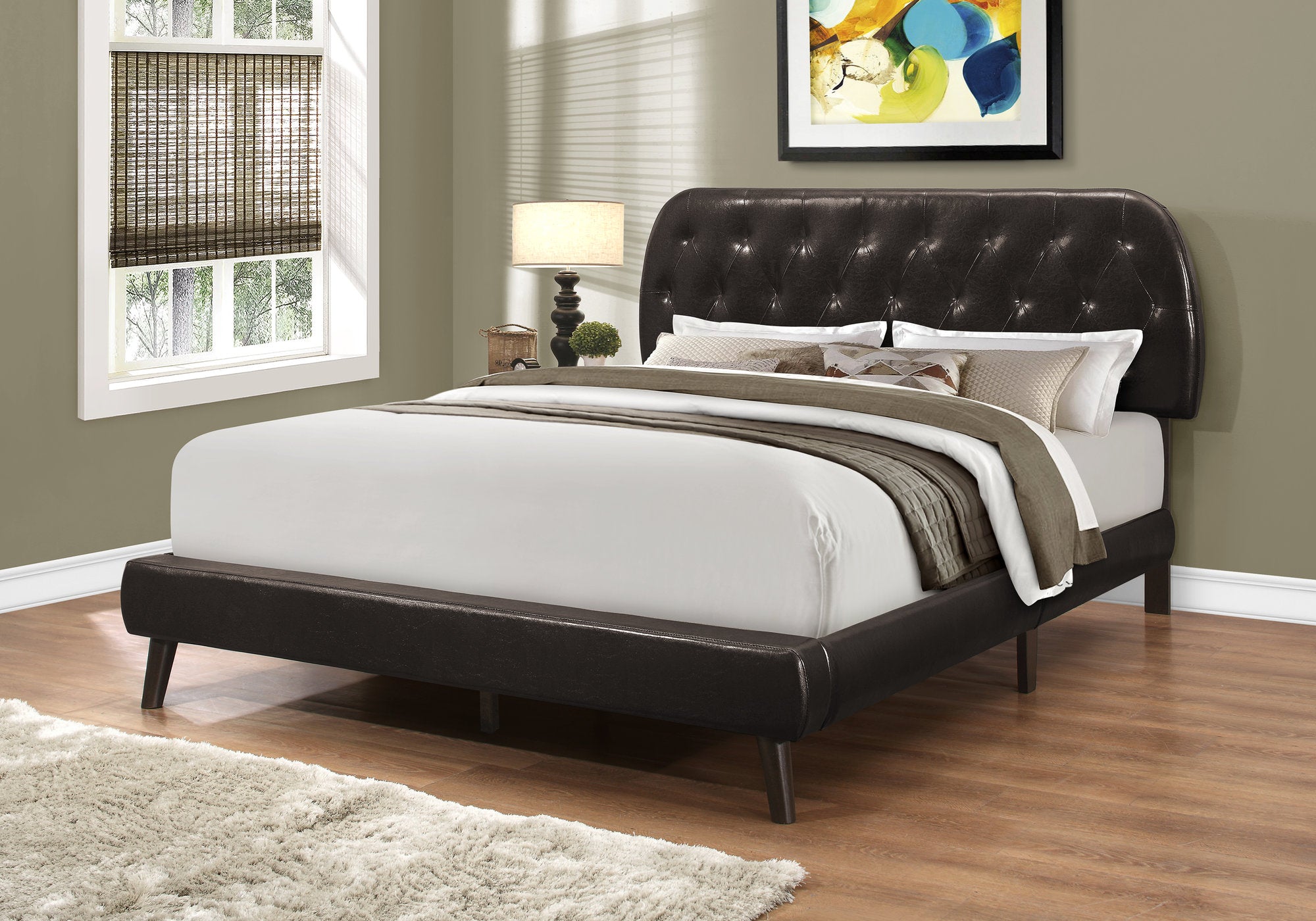 Image of bed - queen brown leather-look with wood legs i 5982q.