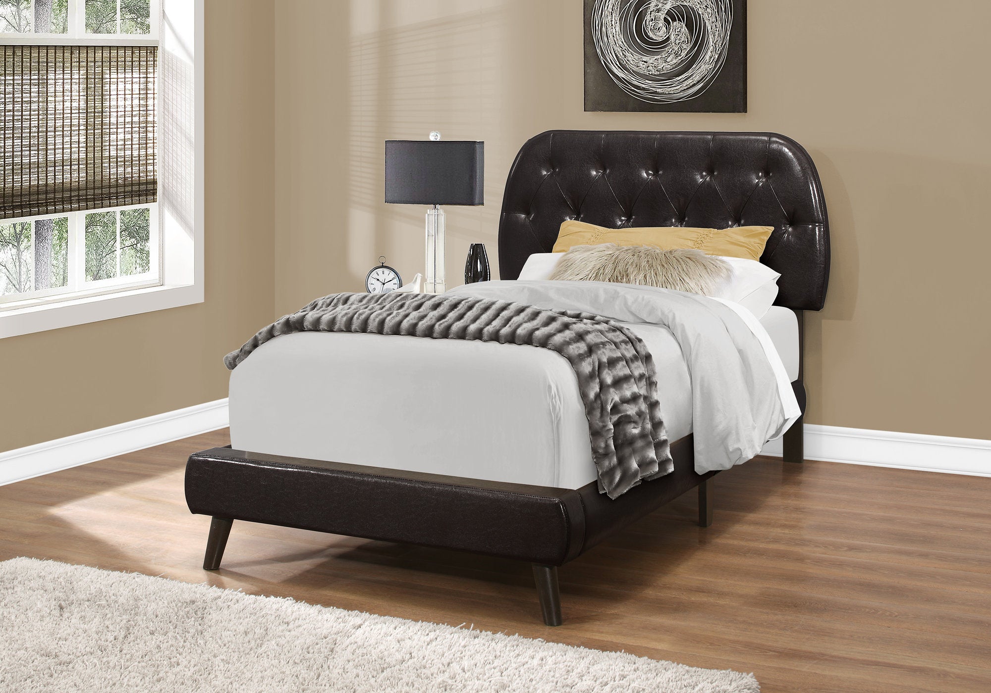 Image of bed - twin brown leather-look with wood legs i 5982t.