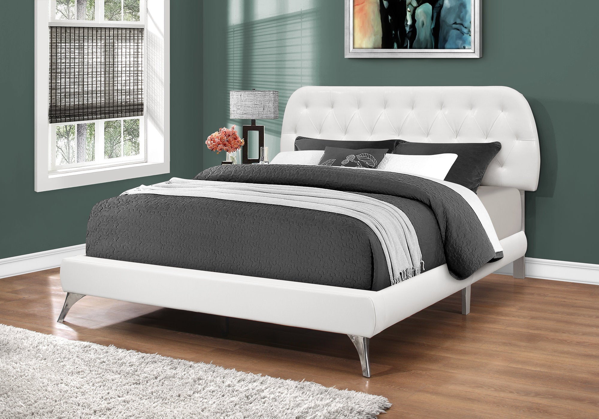 Image of bed - queen white leather-look with chrome legs i 5983q.