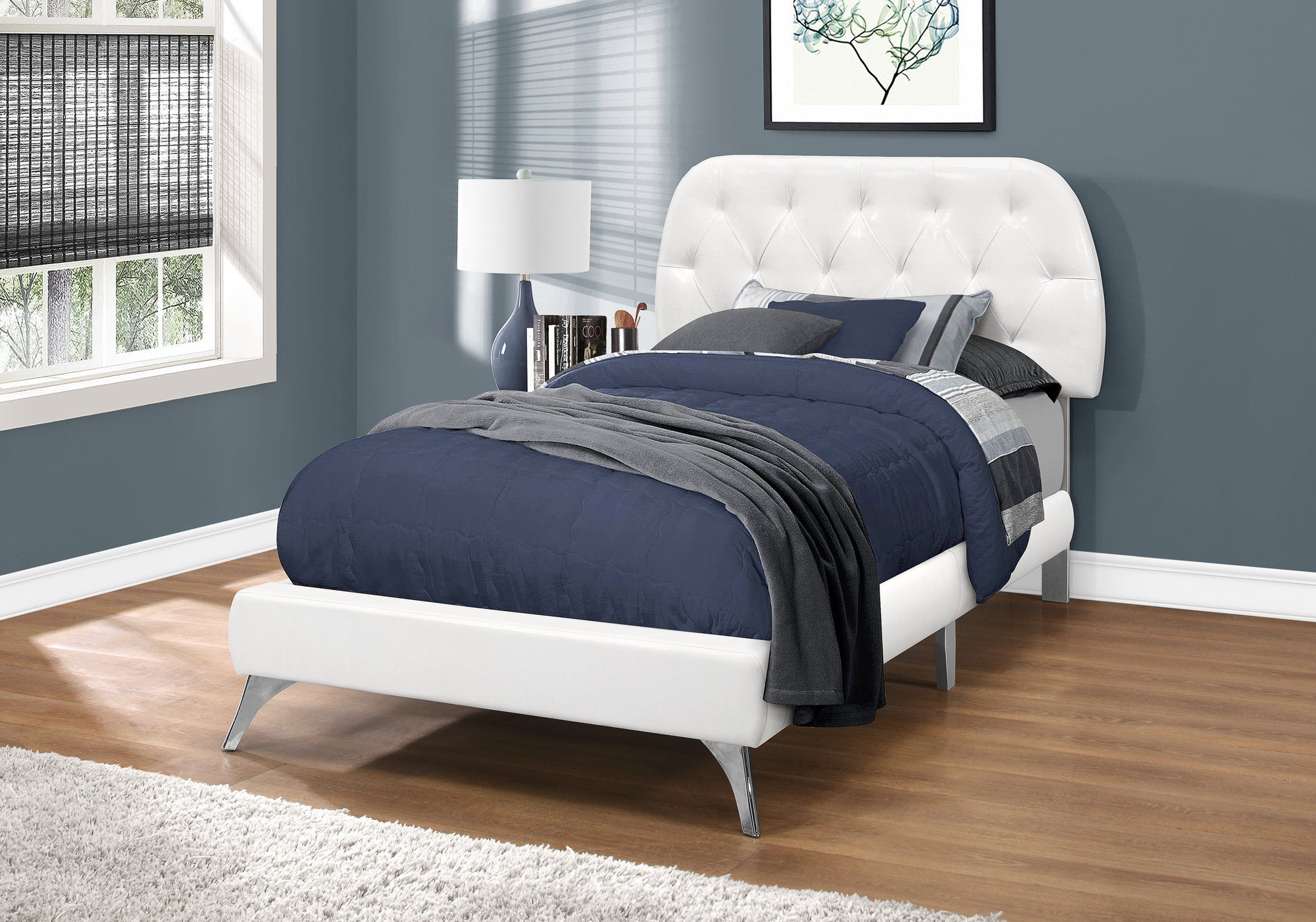 Image of bed - twin white leather-look with chrome legs i 5983t.