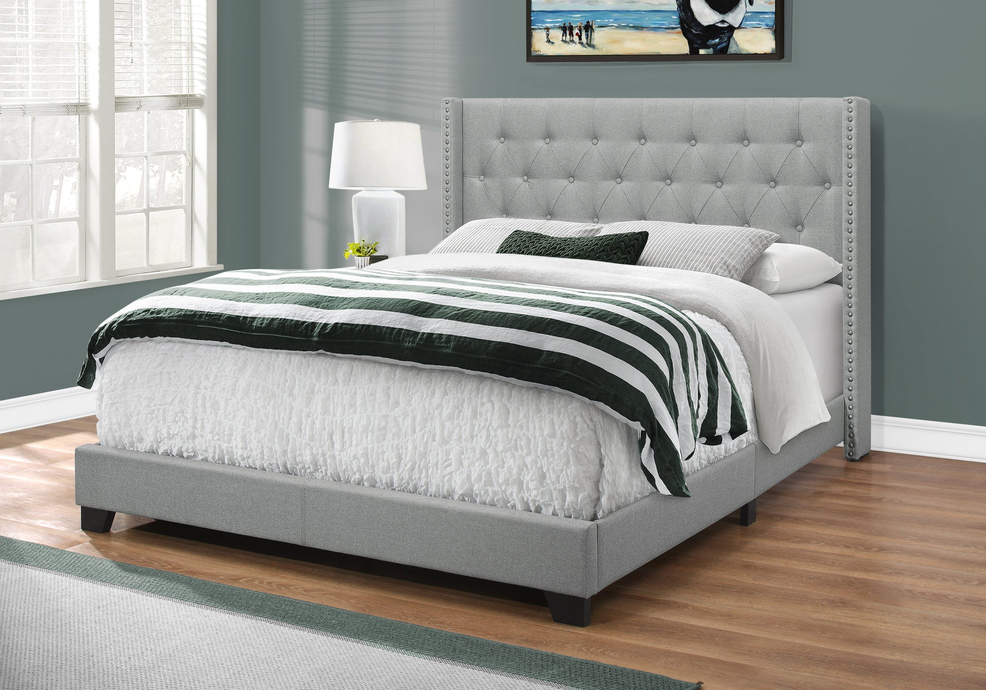 Image of bed - queen grey linen with chrome trim i 5984q.