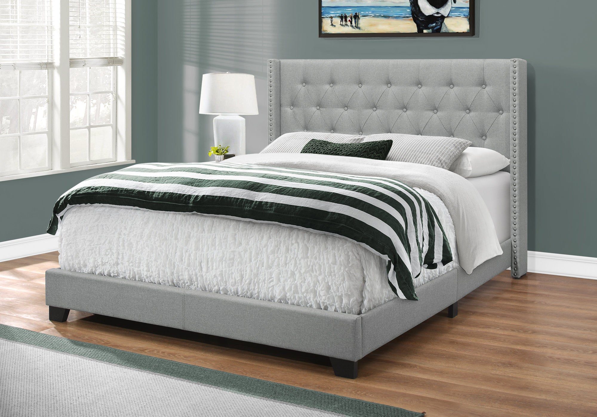 bed queen size grey linen with chrome trim i5984q