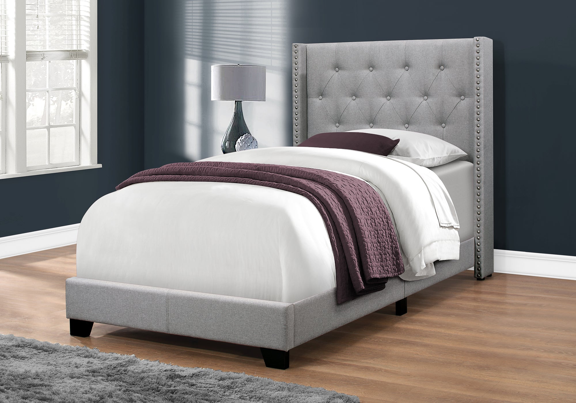 Image of bed - twin grey linen with chrome trim i 5984t.