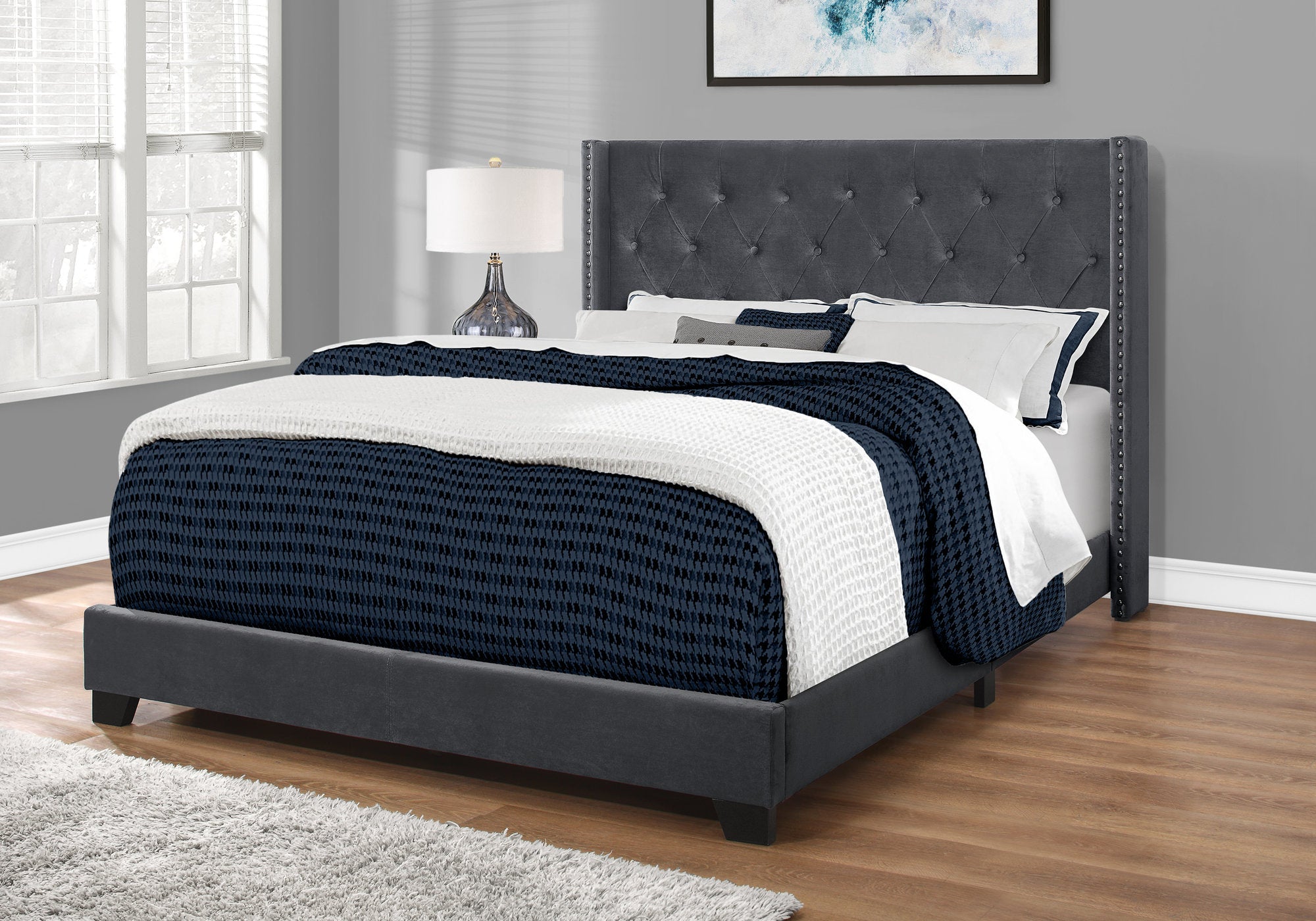 Image of bed - queen dark grey velvet with chrome trim i 5986q.