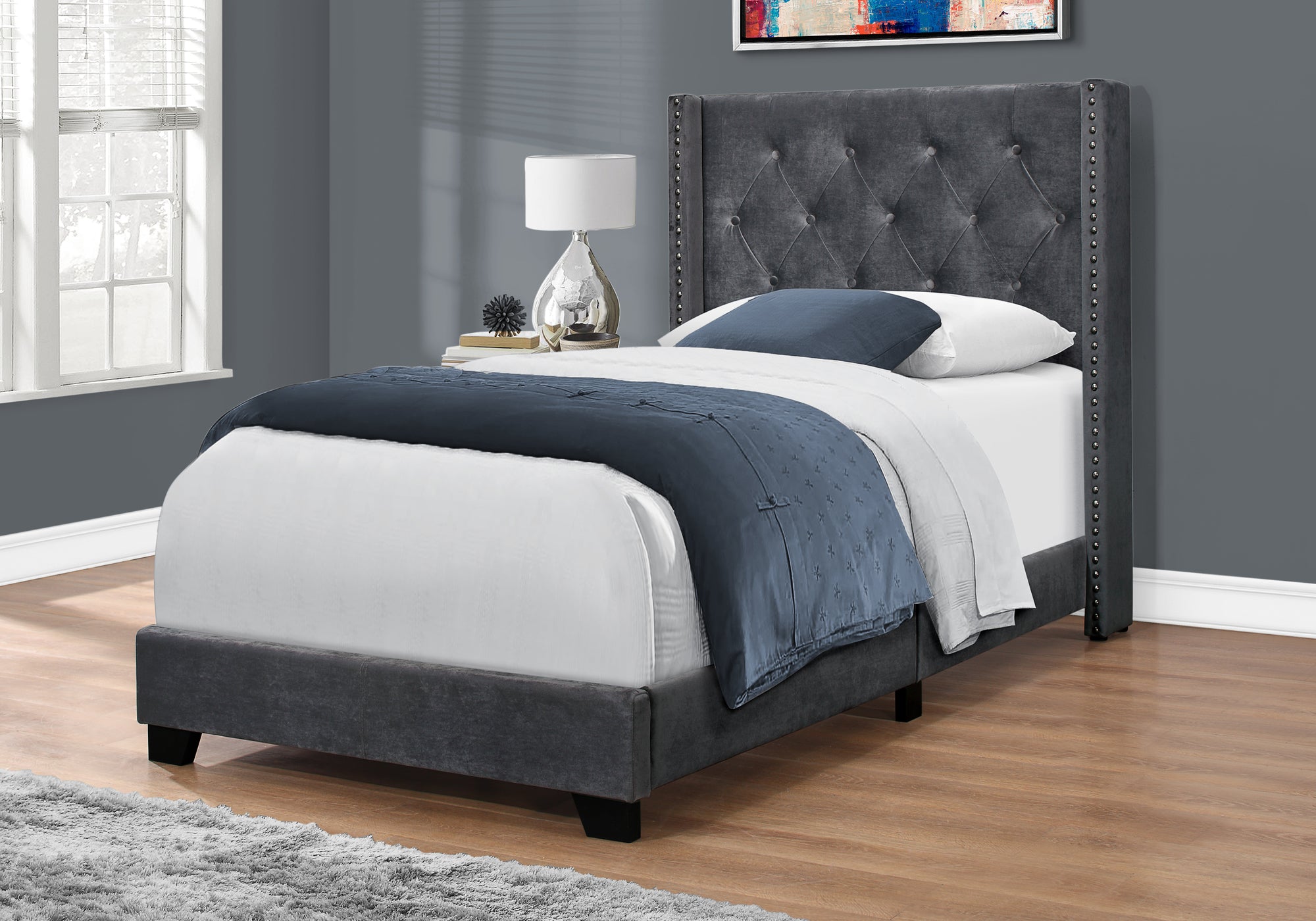 Image of bed - twin dark grey velvet with chrome trim i 5986t.