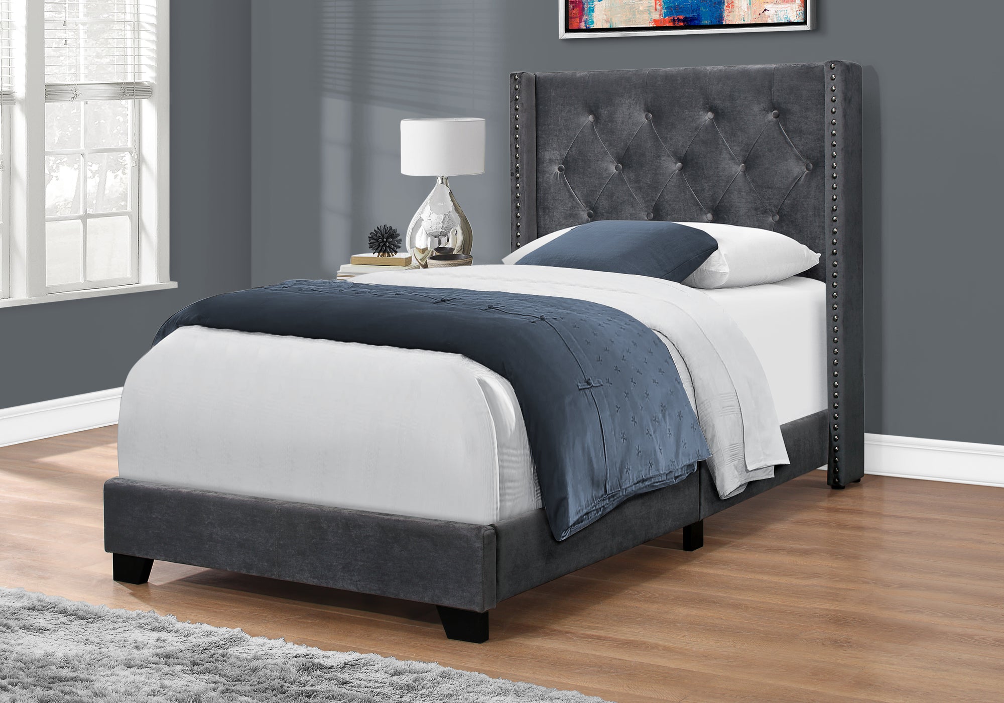 bed twin size dark grey velvet with chrome trim i5986t