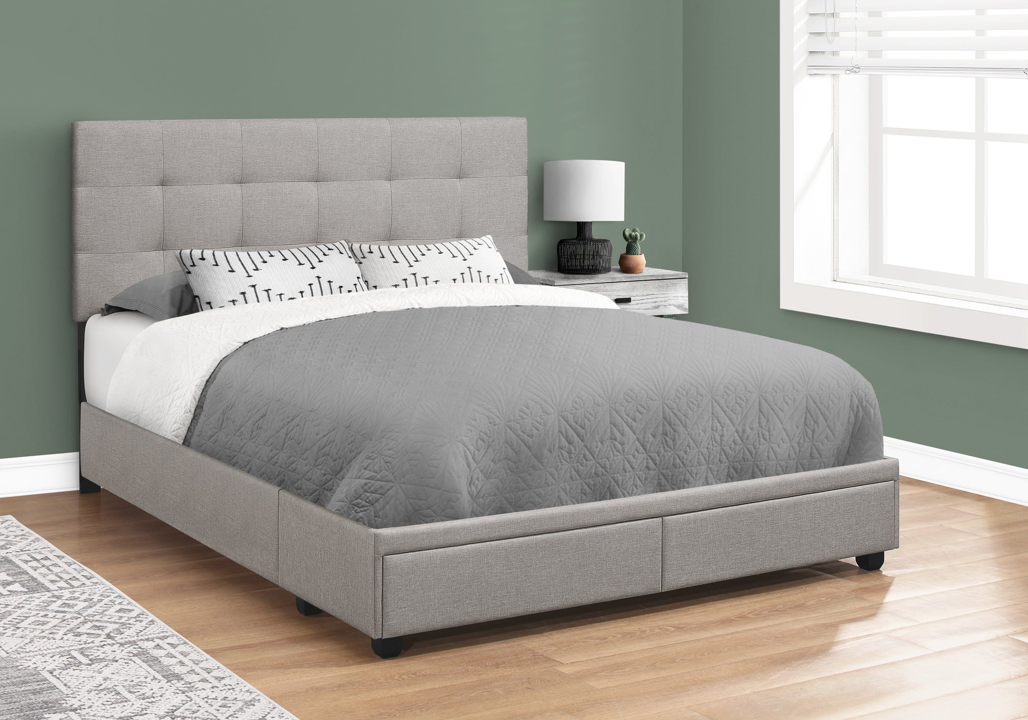 bed queen size grey linen with 2 storage drawers i6020q