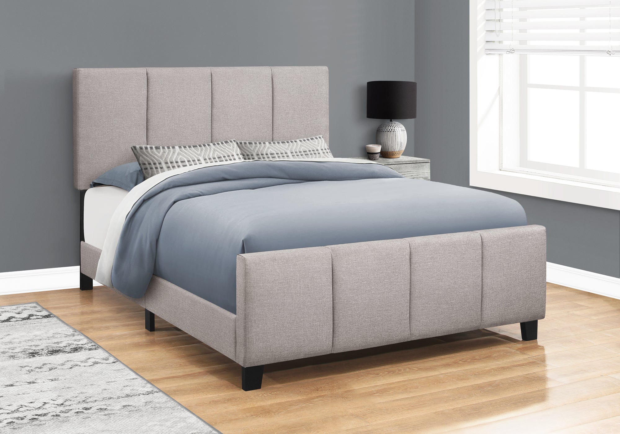 Image of bed - queen grey linen with black wood legs i 6025q.