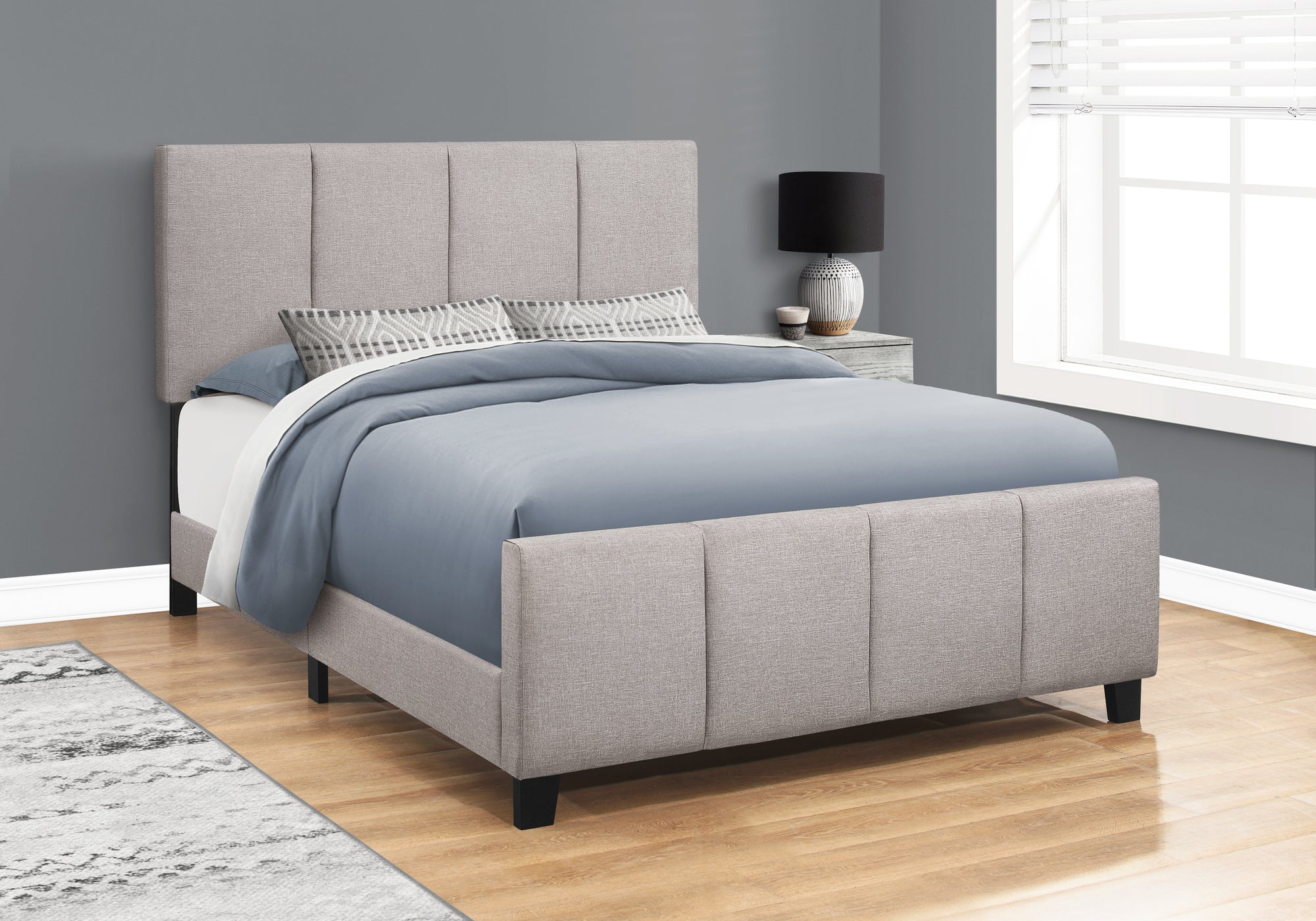 bed queen size grey linen with black wood legs i6025q
