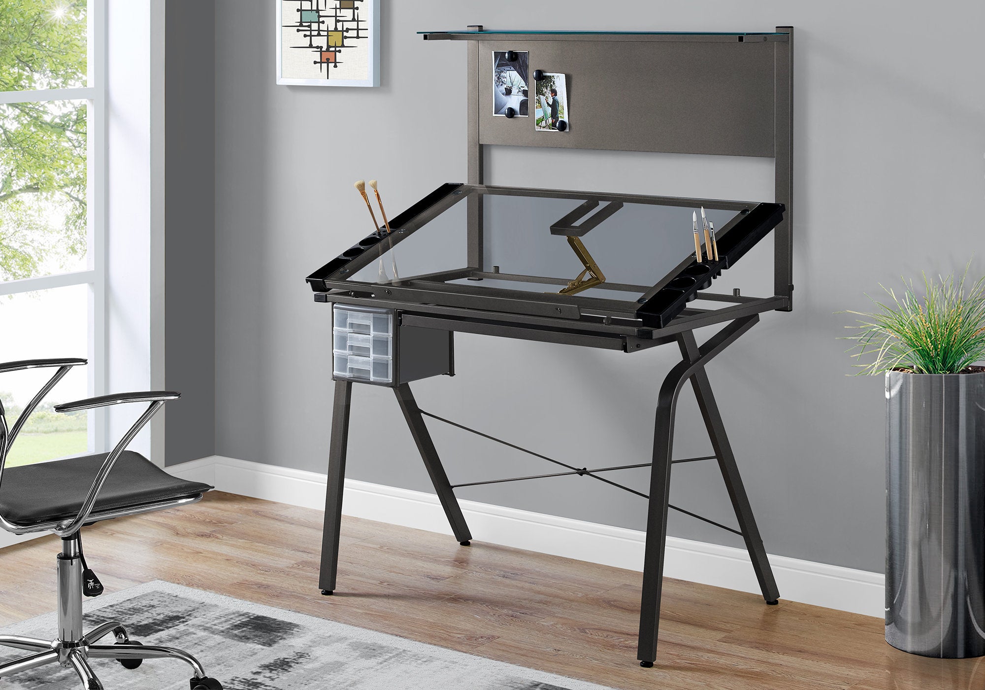 drafting table adjustable grey metal tempered glass i7034