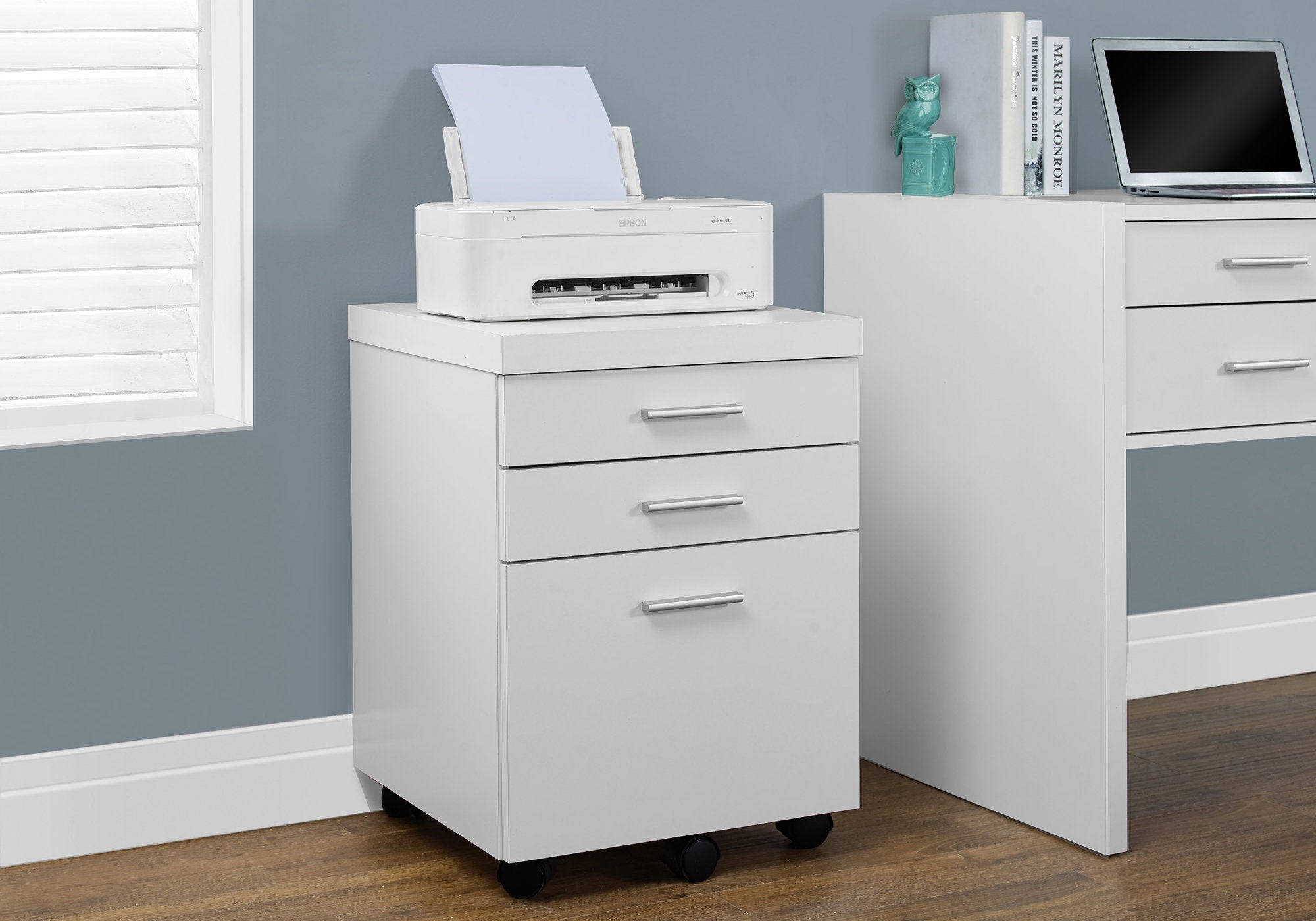 Image of filing cabinet - 3 drawer white on castors i 7048.