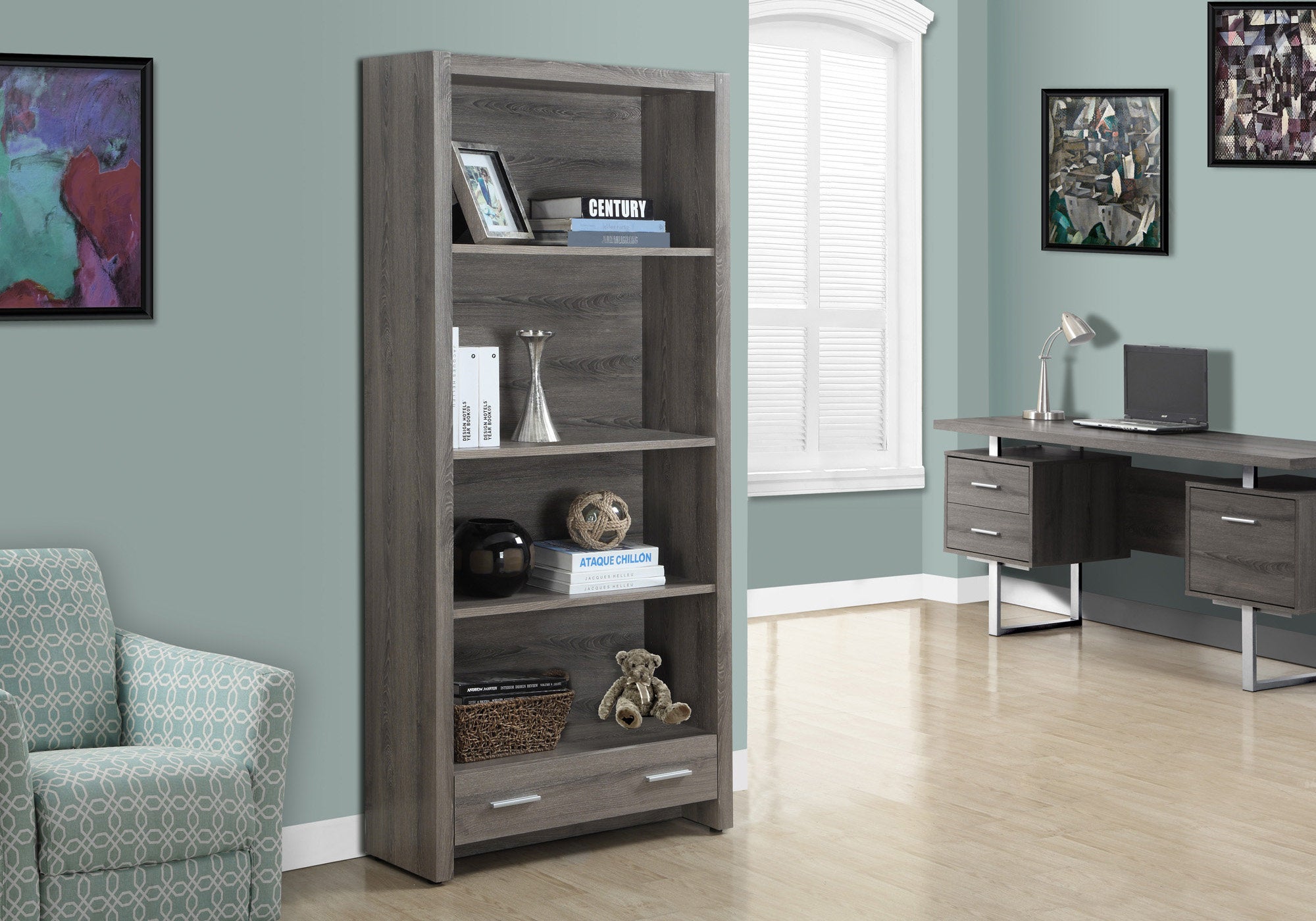 Image of bookcase - 71inch h dark taupe with a storage drawer i 7087.
