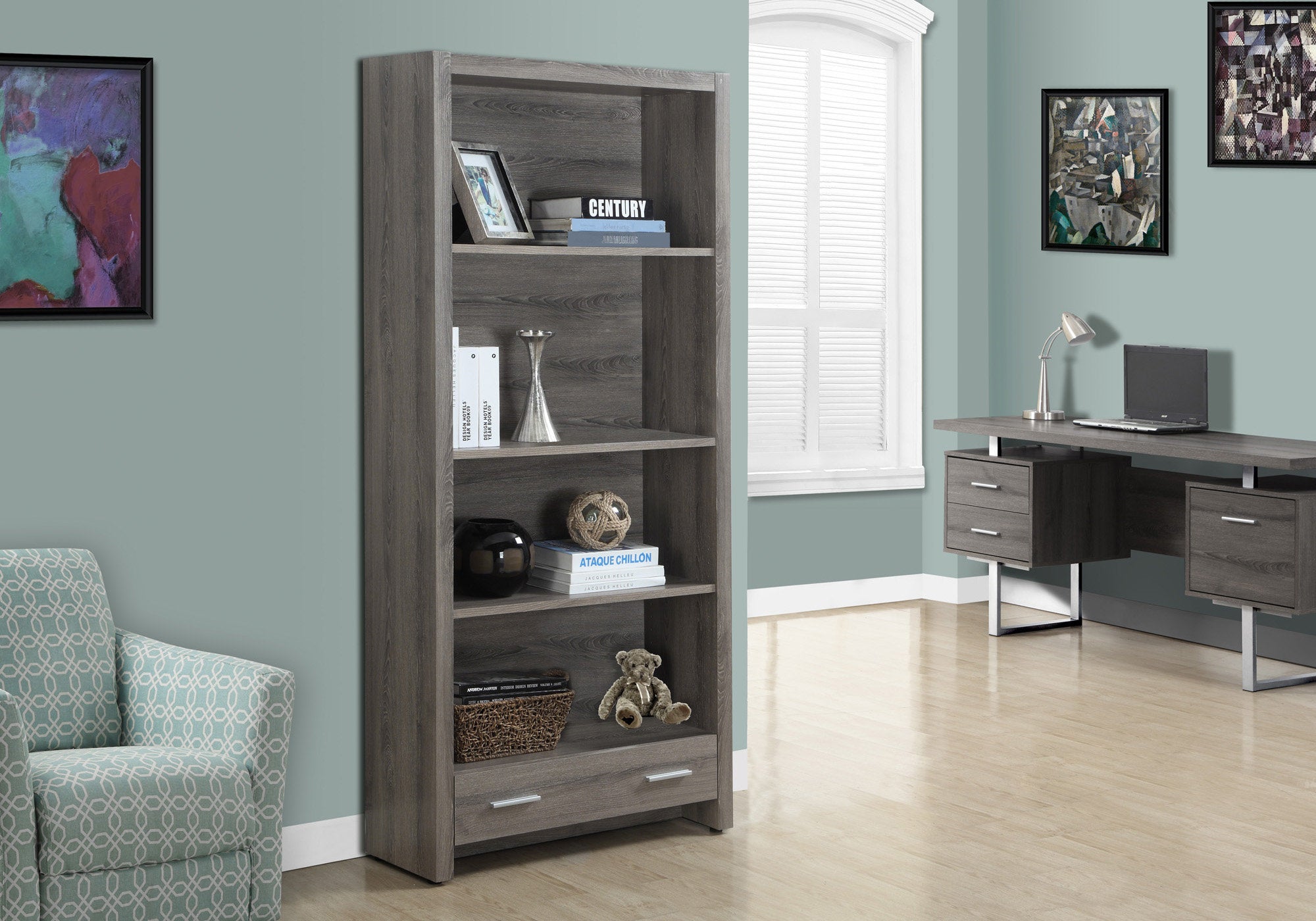 bookcase 71h dark taupe with a storage drawer i7087