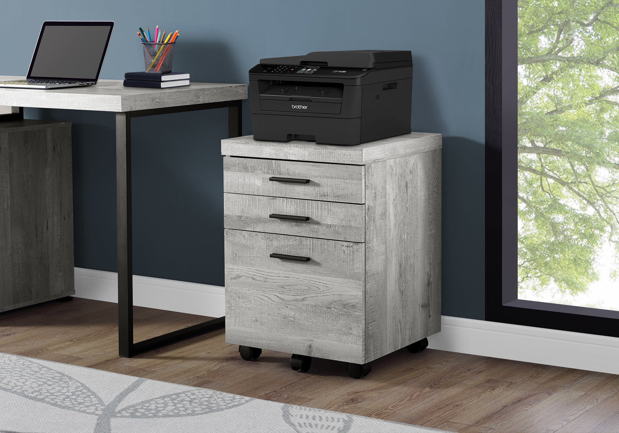 Image of filing cabinet - 3 drawer grey reclaimed wood castors i 7401.