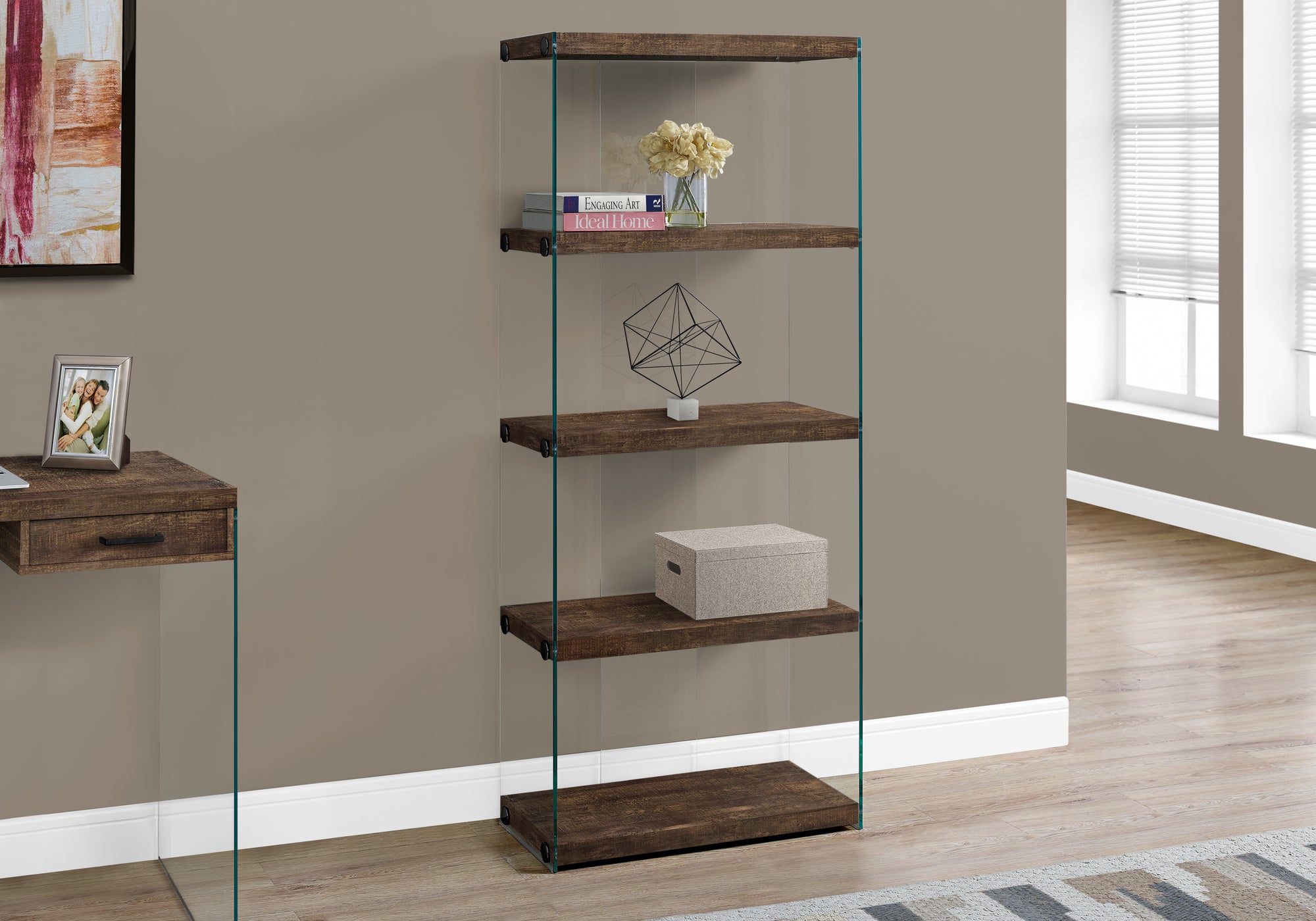 bookcase 60h brown reclaimed wood look /glass panels i7441