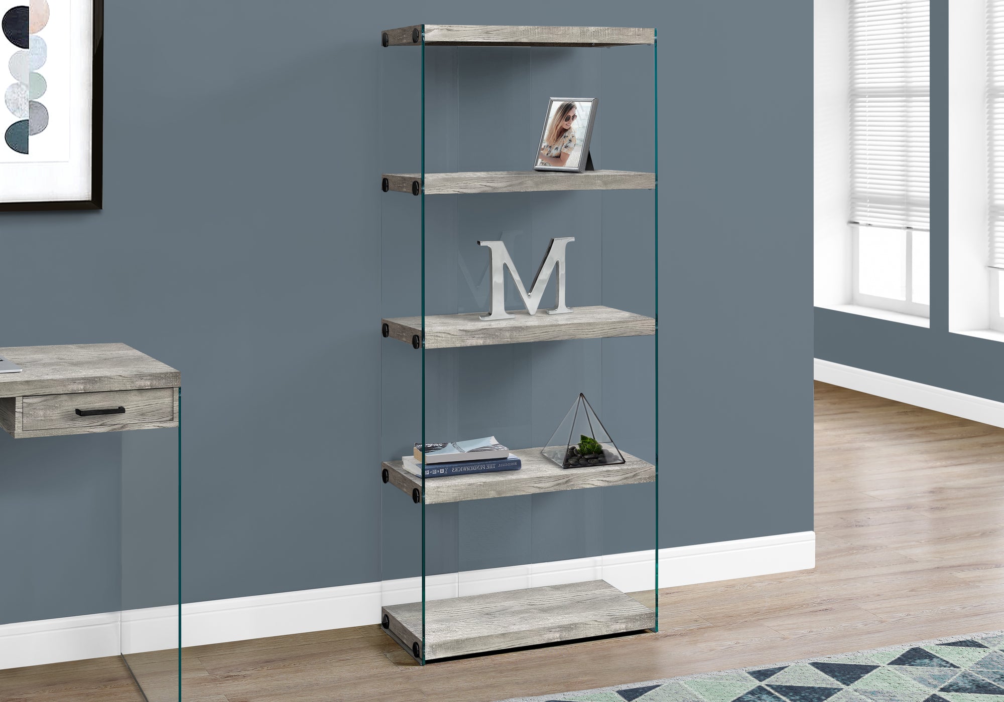 bookcase 60h grey reclaimed wood look /glass panels i7442