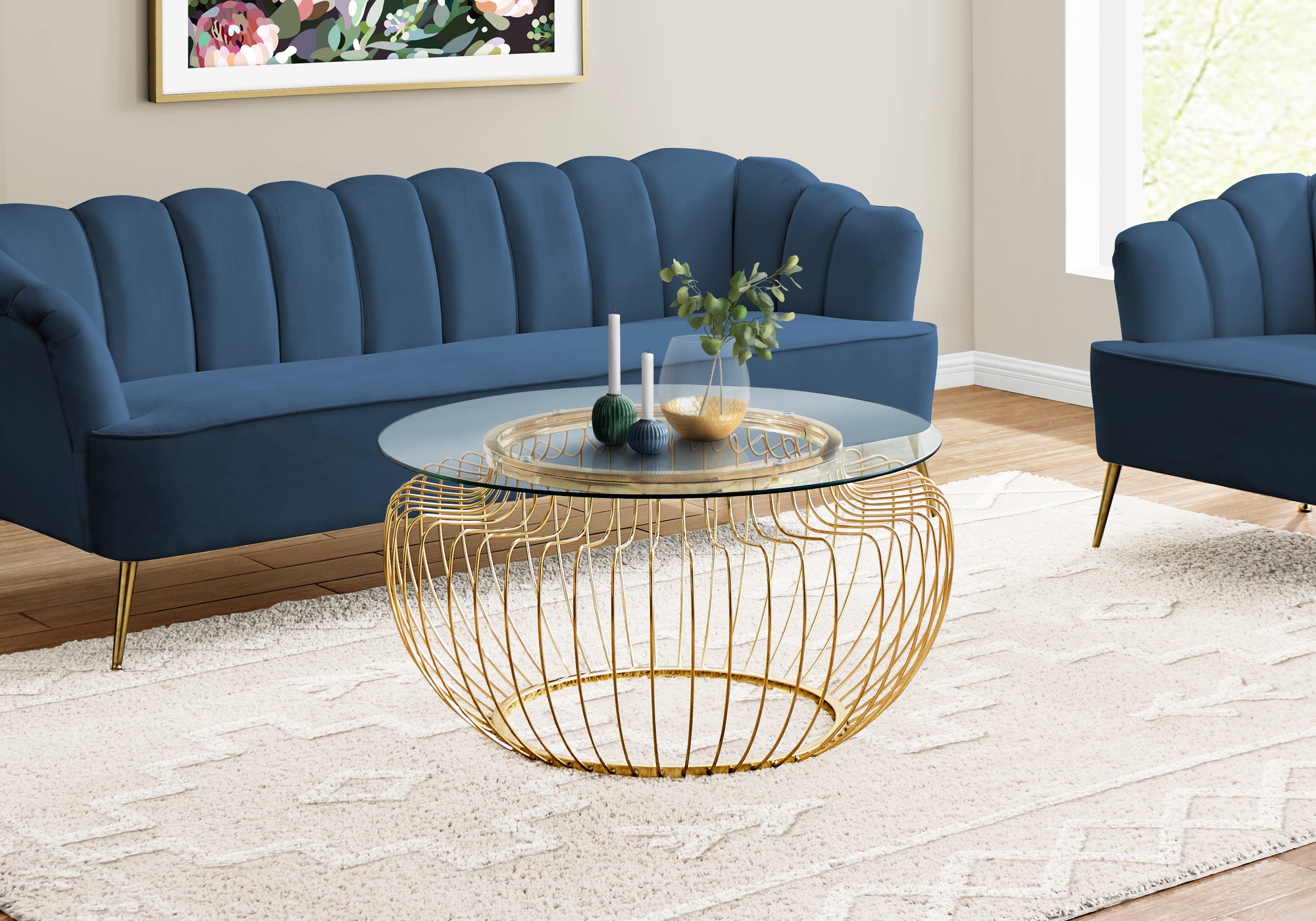 coffee table 36dia gold metal with tempered glass i7825