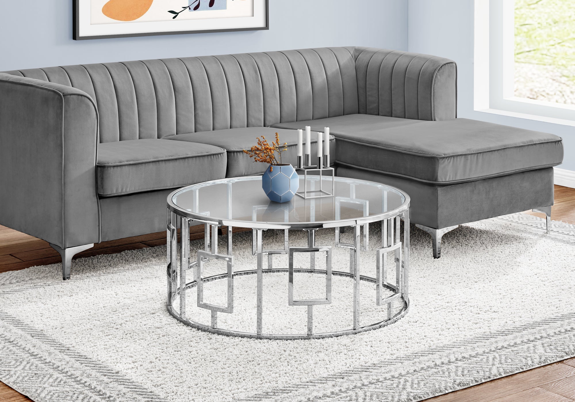 coffee table 36dia chrome metal with tempered glass i7830