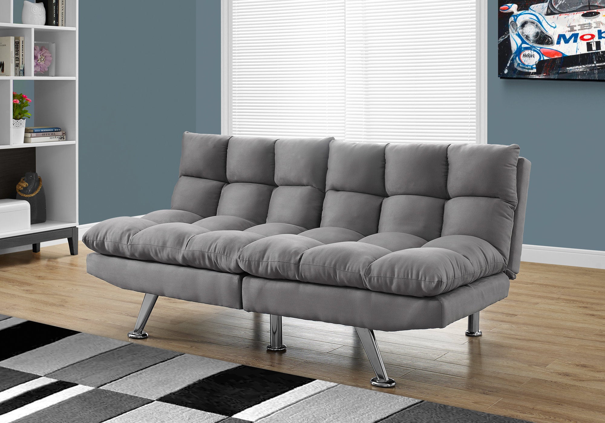 futon split back convertible sofa grey micro suede i8988